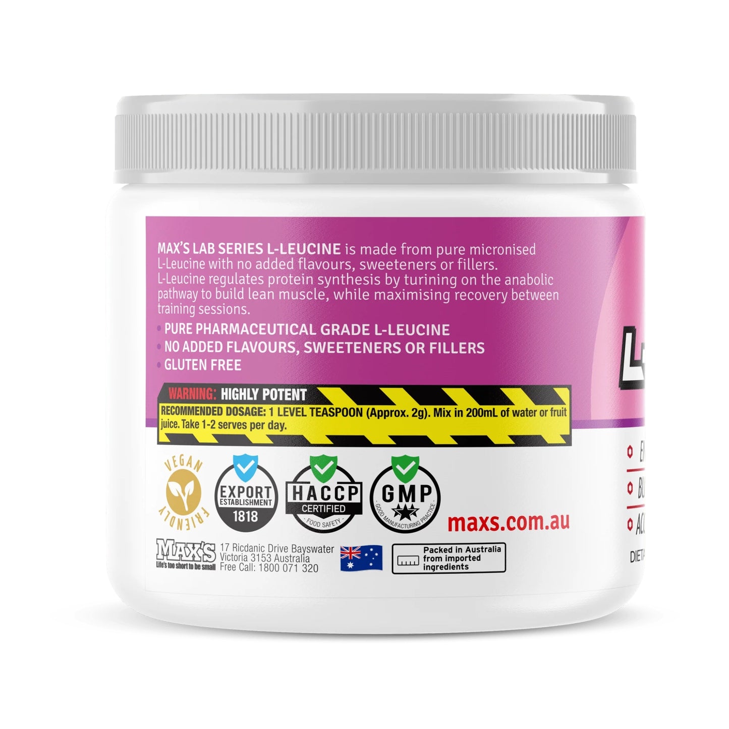 Max's L-Leucine container with pink label on a white background