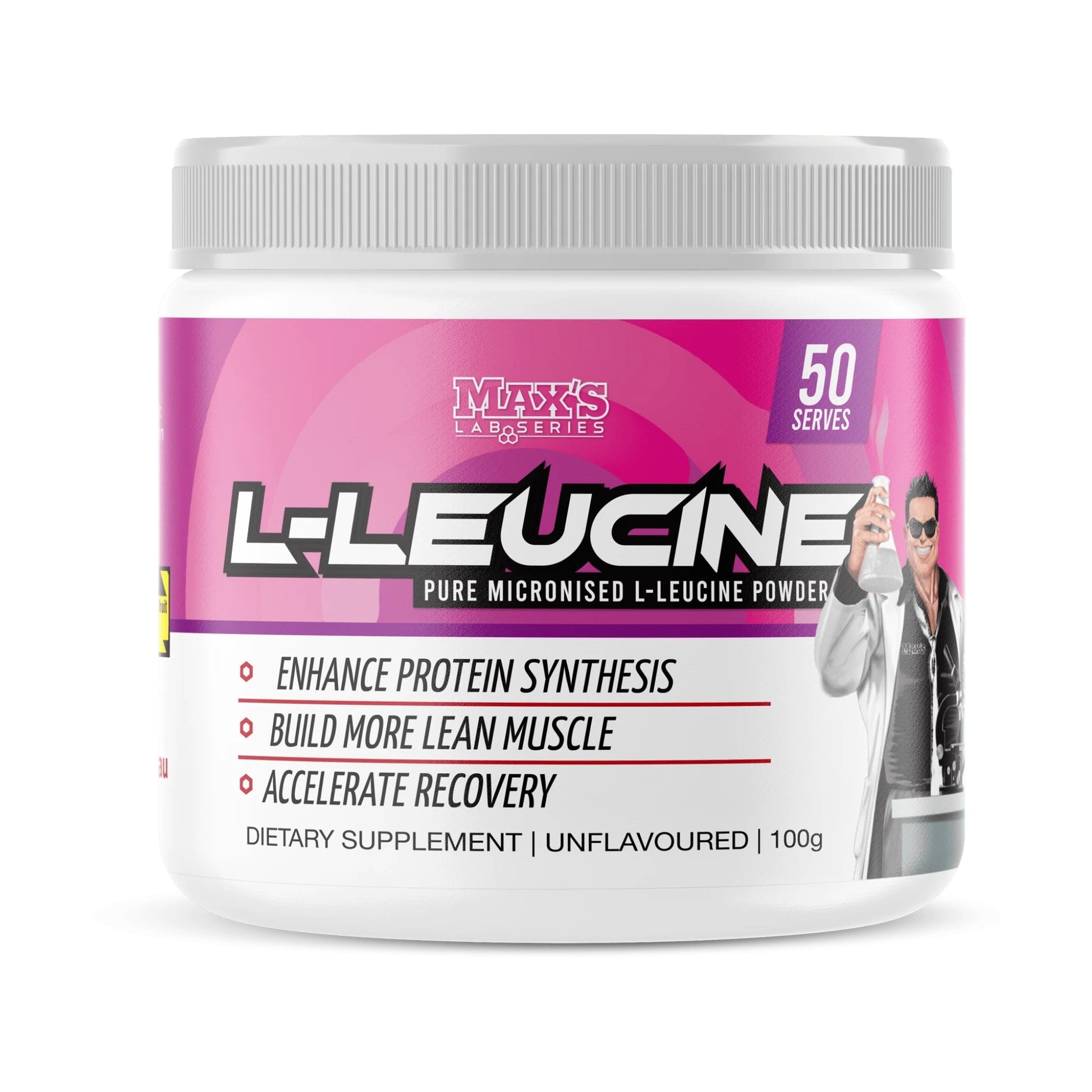 Max's Lab Series L-Leucine supplement container with pink and white label on a white background