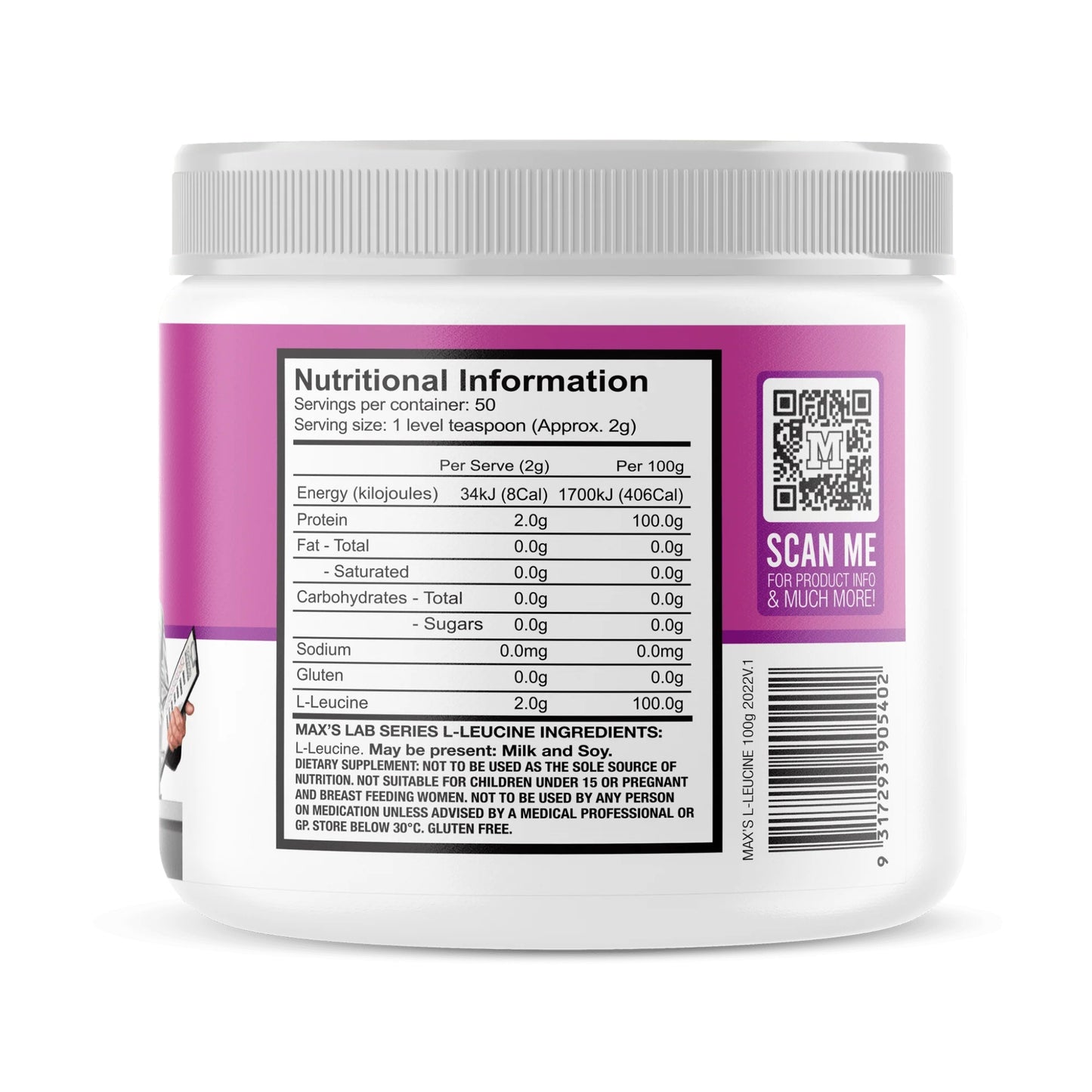 Nutritional information label on a Max's L-Leucine container with a pink label.