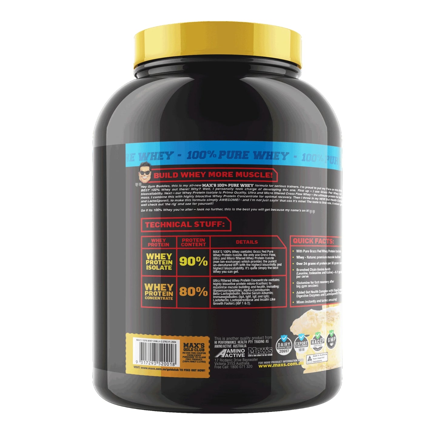 Black protein powder container with yellow cap on a white background