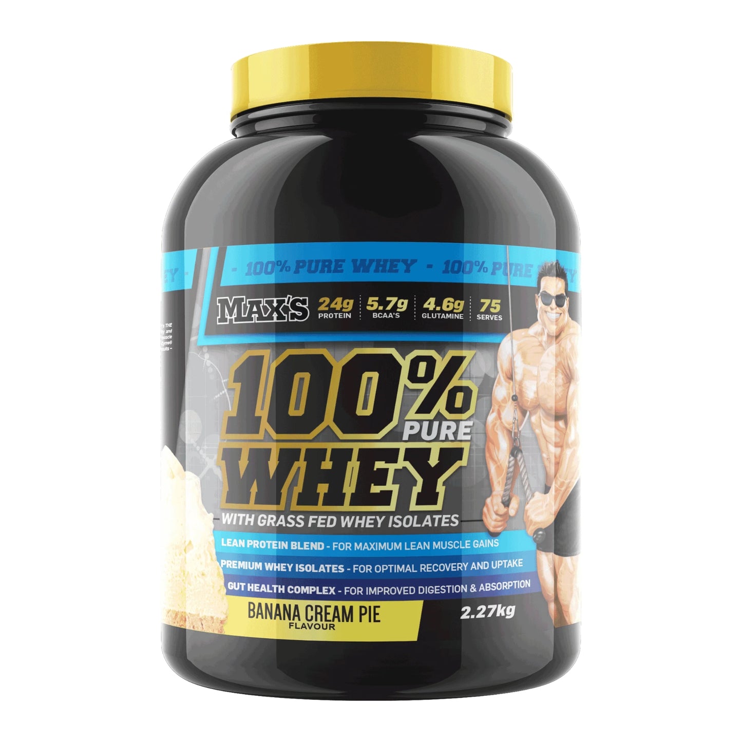 Black container of 100% Pure Whey protein powder with a yellow label on a white background