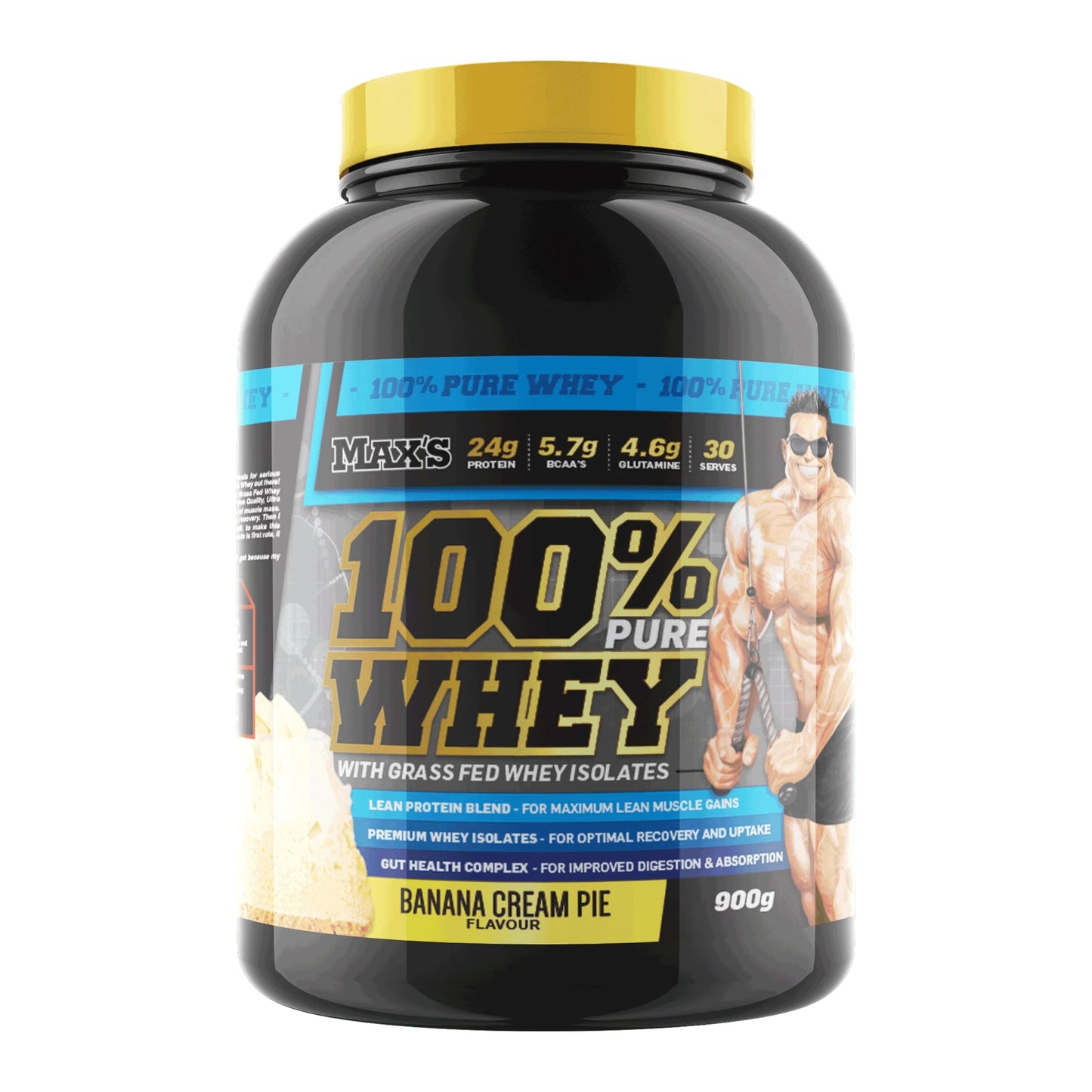 Max's 100% Pure Whey protein powder container with a yellow cap on a white background