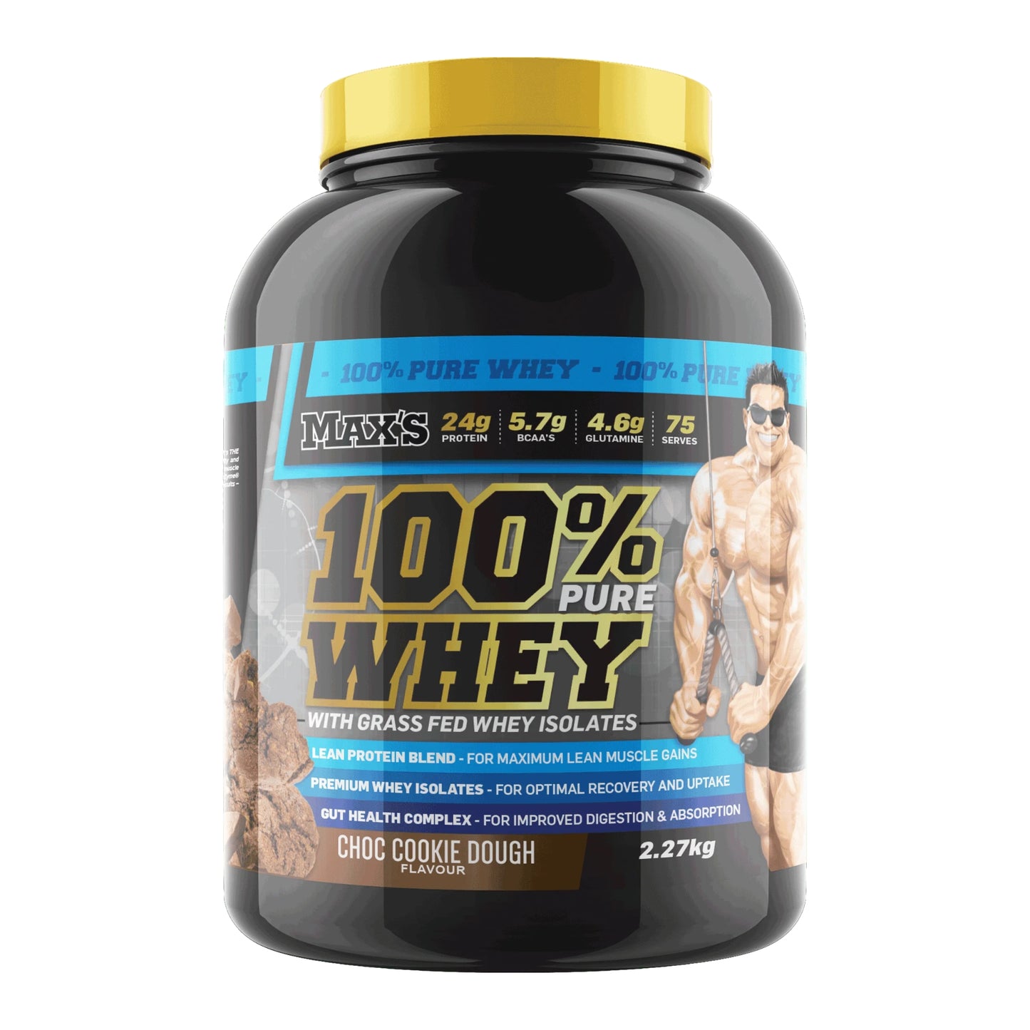 Black container of Musk's 100% Pure Whey protein powder with a yellow cap on a white background