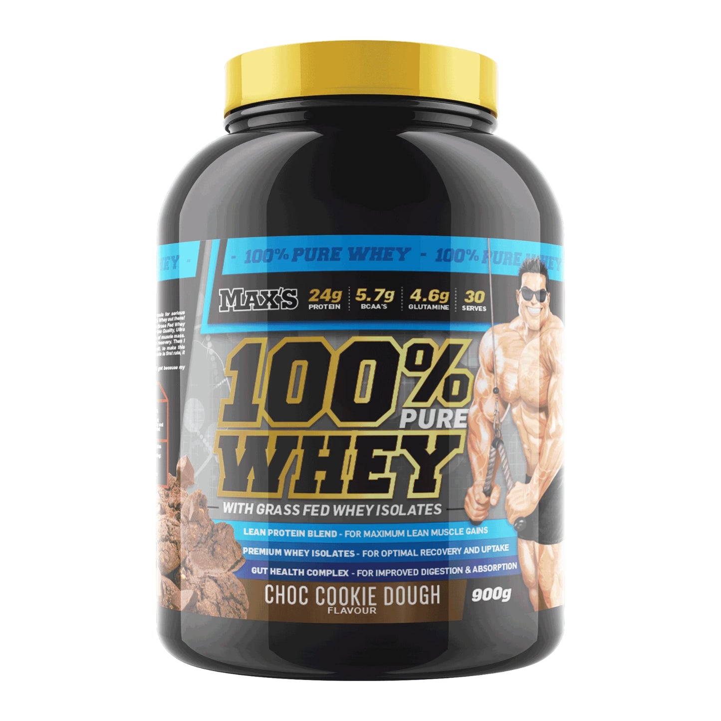 Max's 100% Pure Whey protein powder container with a white background