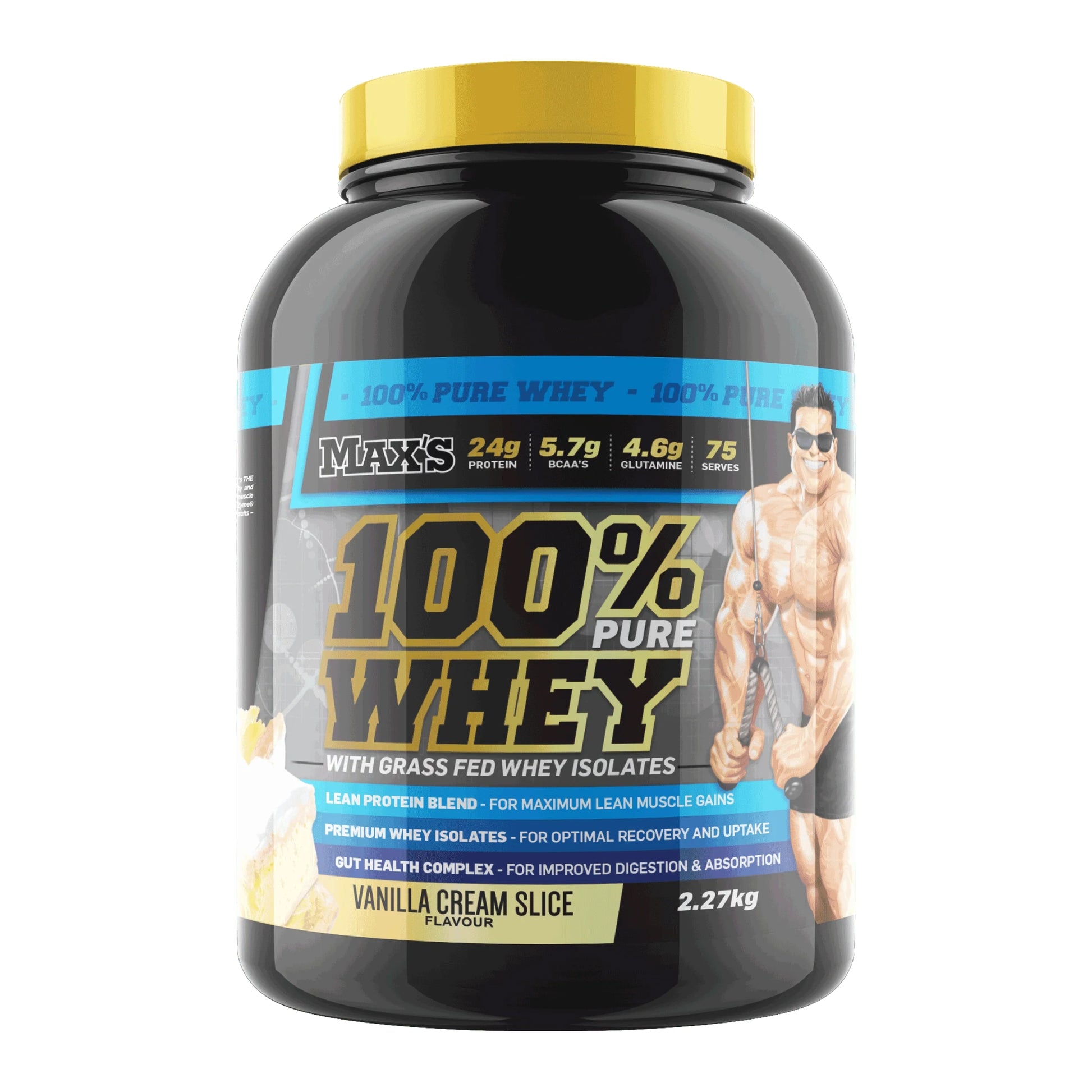 Black container of Musk's 100% Pure Whey protein powder with a yellow cap on a white background