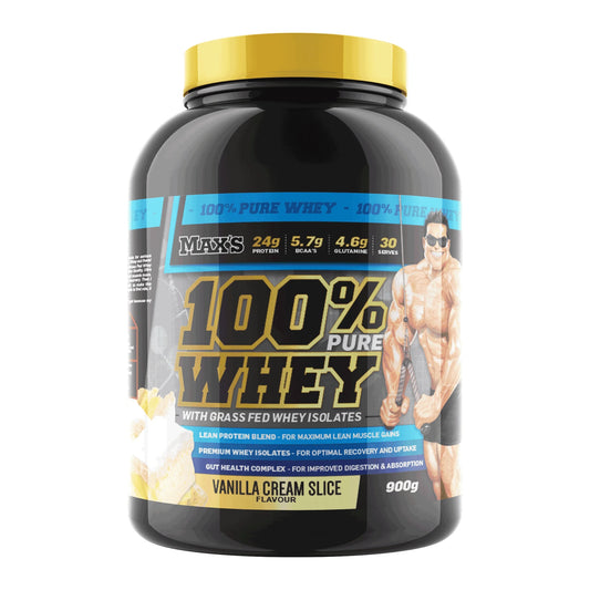 Max's 100% Pure Whey protein powder container with a white background