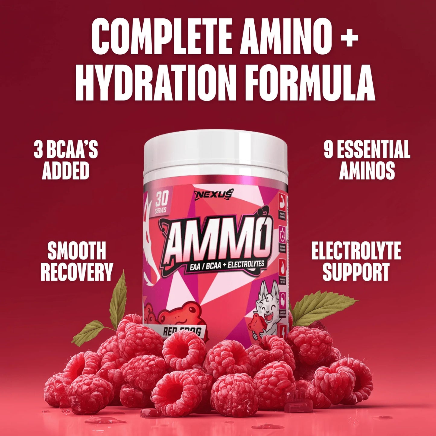 Nexus AMMO supplement container with raspberries on a red background