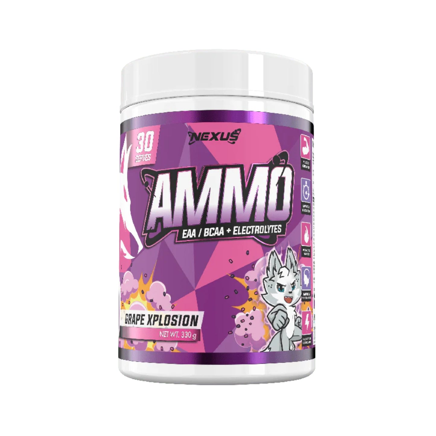 Supplement container labeled 'Ammo' by Nexus on a white background