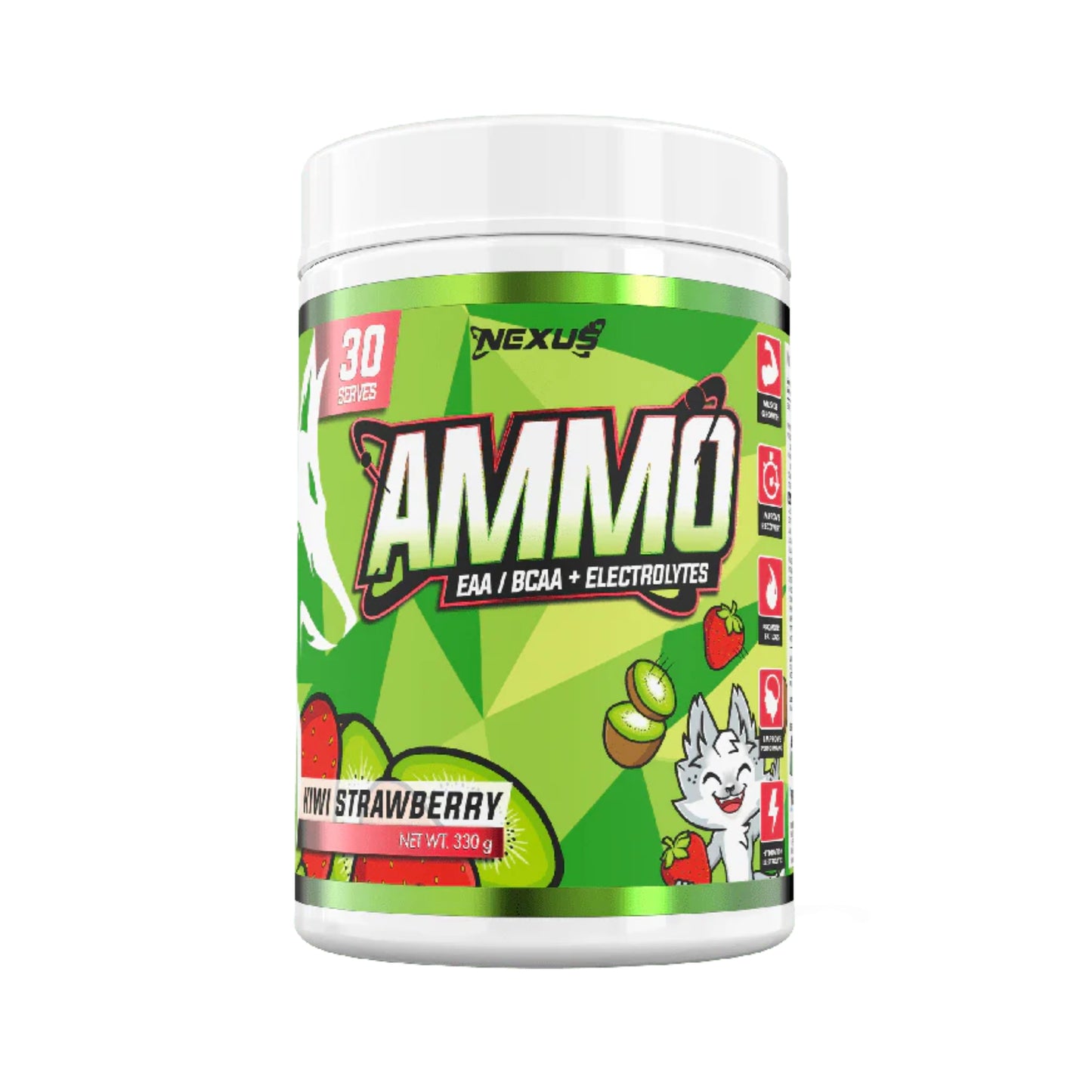 Nexus AMMO supplement container with green and white design on a white background