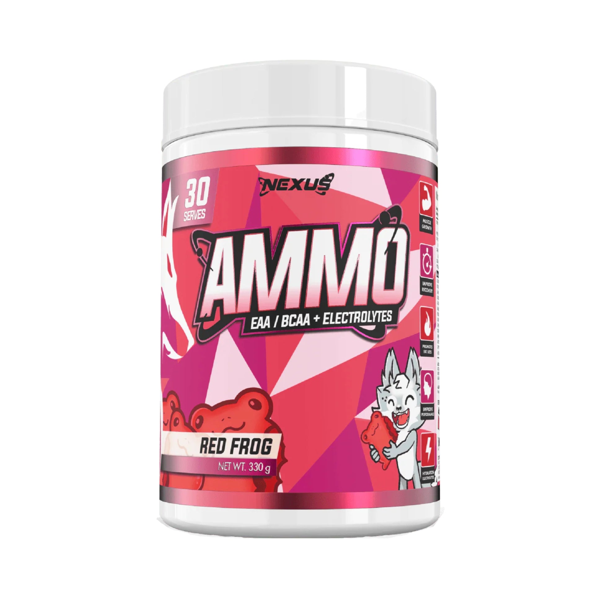 Supplement container labeled 'Ammo' by Nexus on a white background