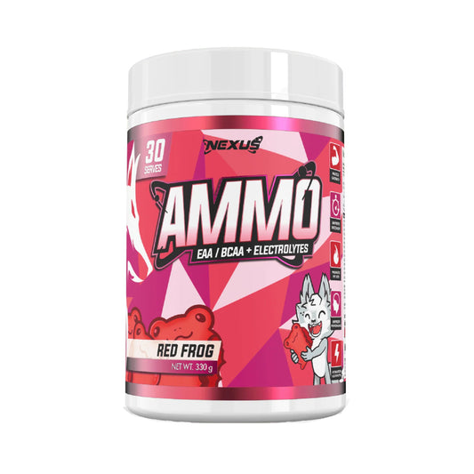 Supplement container labeled 'Ammo' by Nexus on a white background