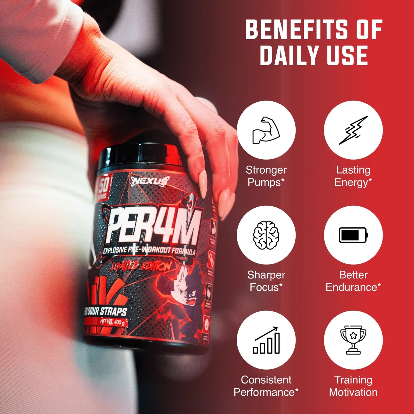 Person holding a supplement container with 'PER4M' branding, featuring benefits on a red background.