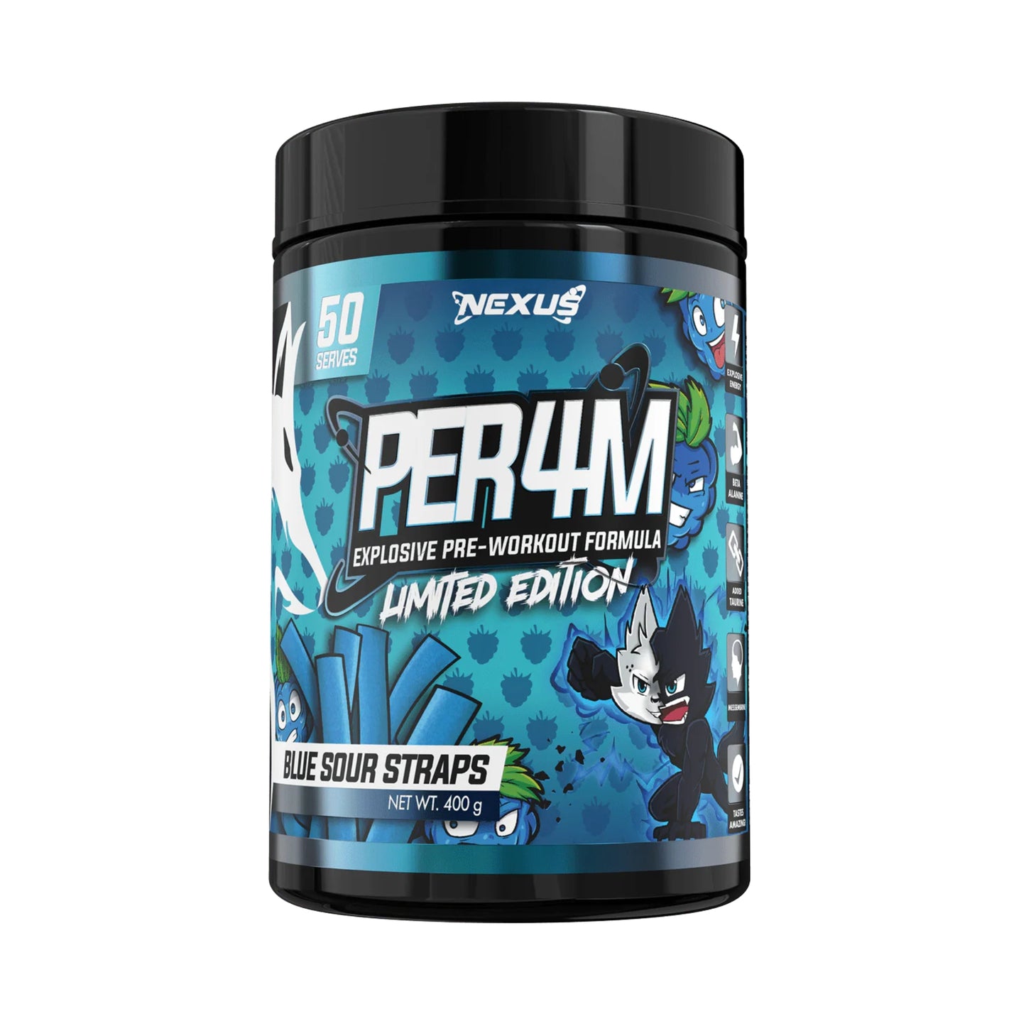 Nexus PER4M pre-workout supplement container with blue and black design