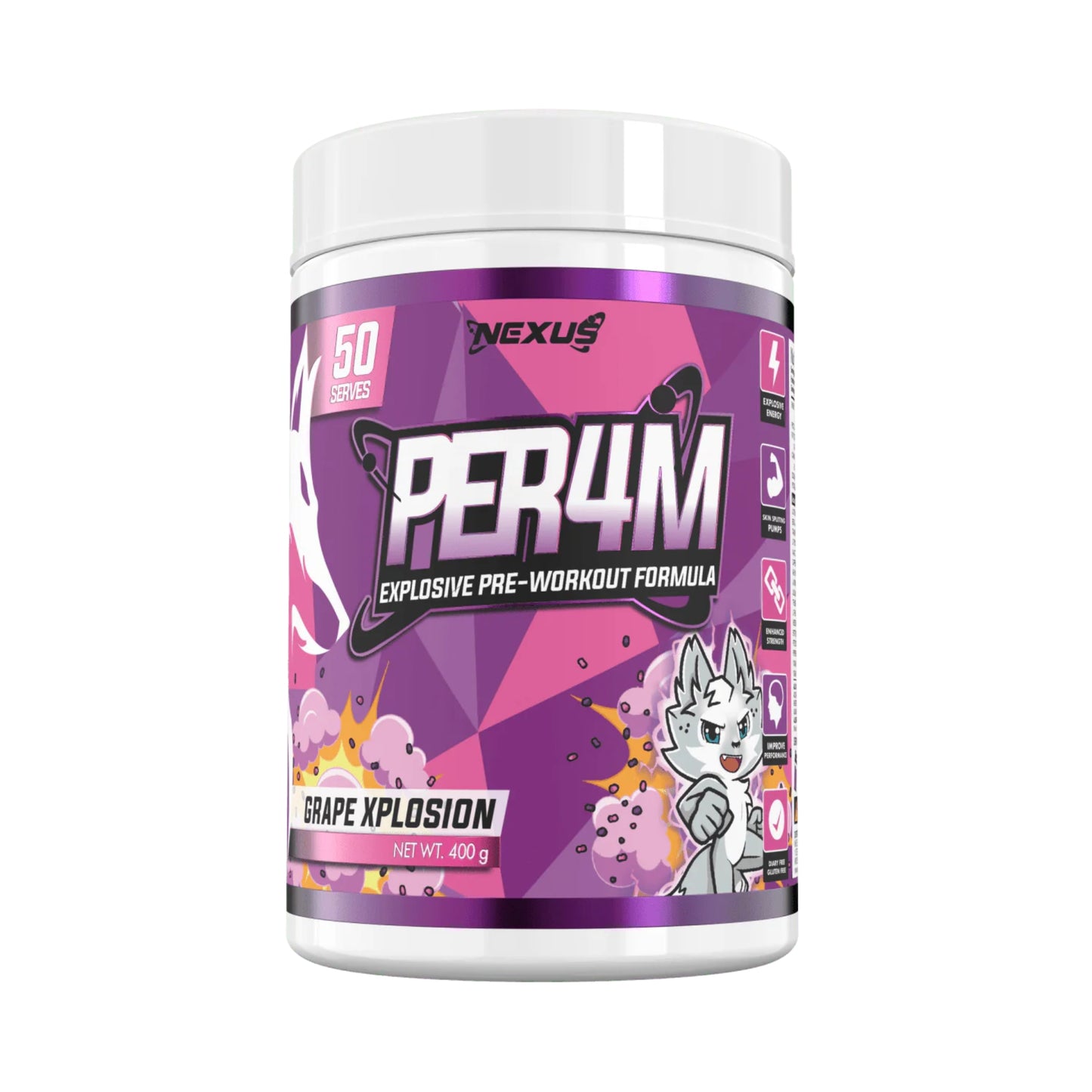 Pre-workout supplement container with purple and white design on a white background