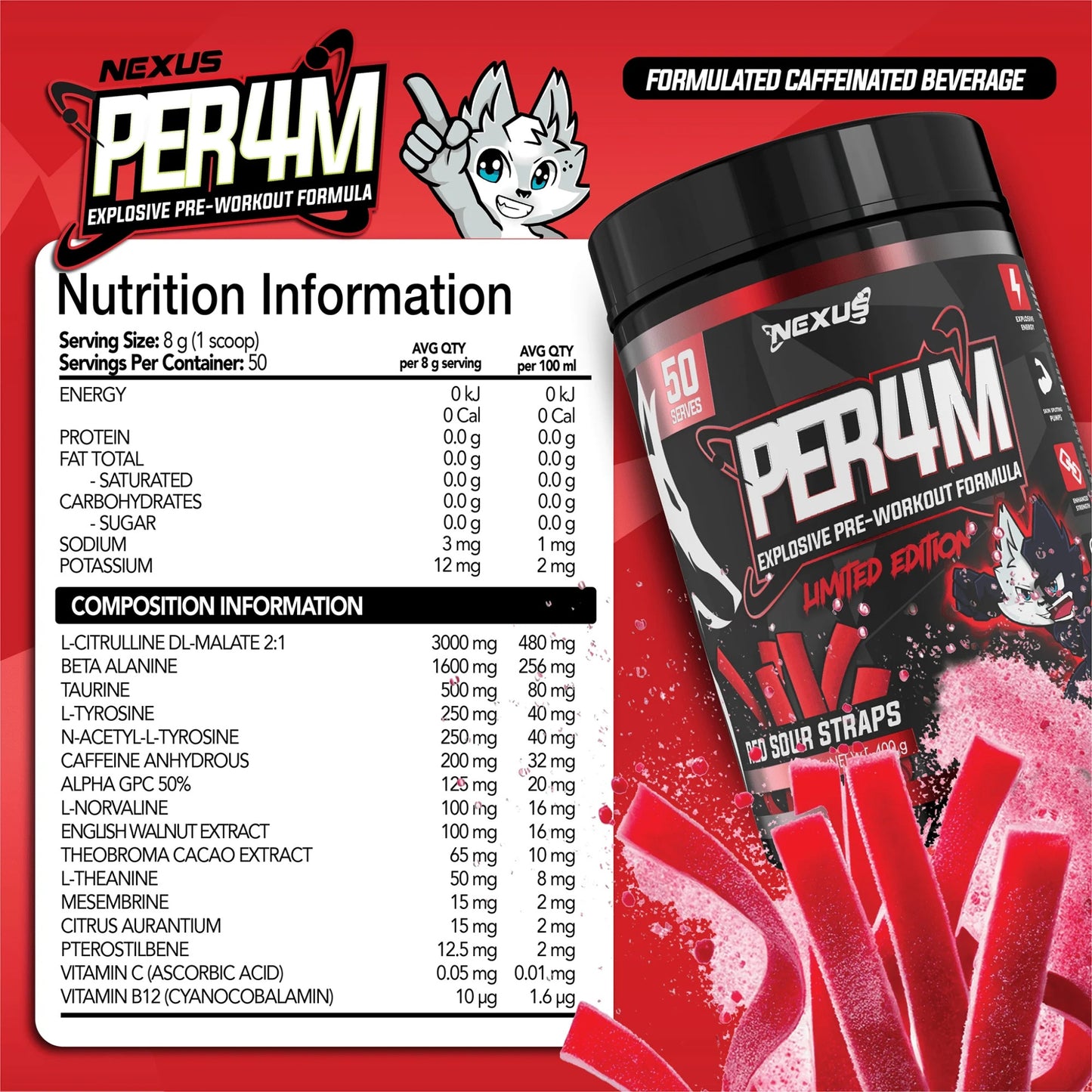 Nexus PER4M pre-workout supplement packaging with nutrition information on a red background