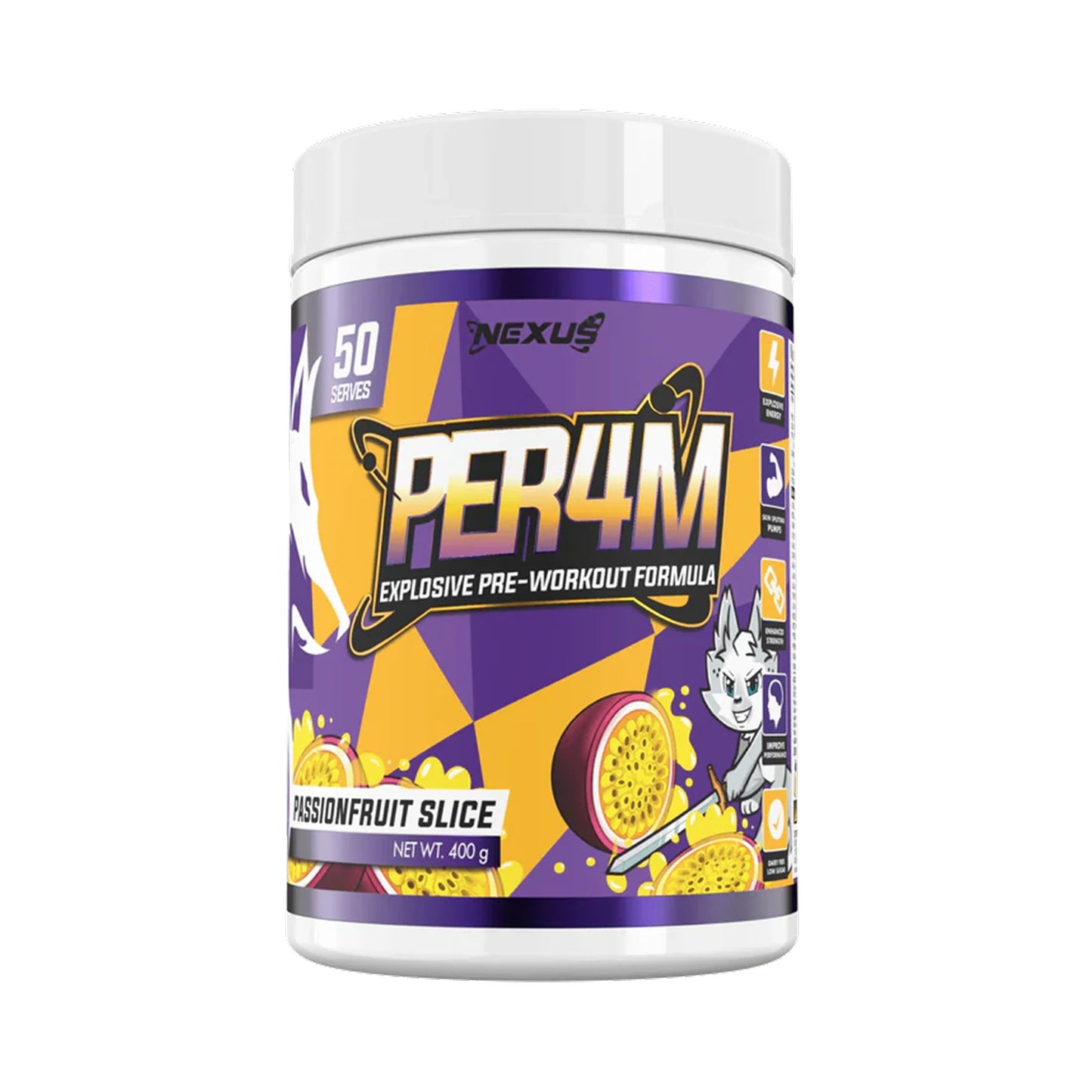 Nexus PER4M pre-workout supplement container with purple and yellow design on a white background