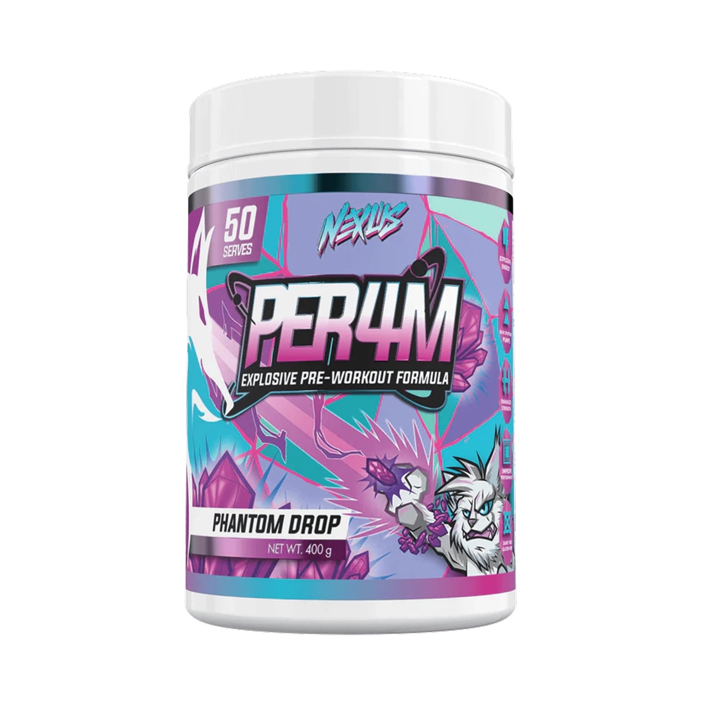 Pre-workout supplement container with colorful design and branding on a white background