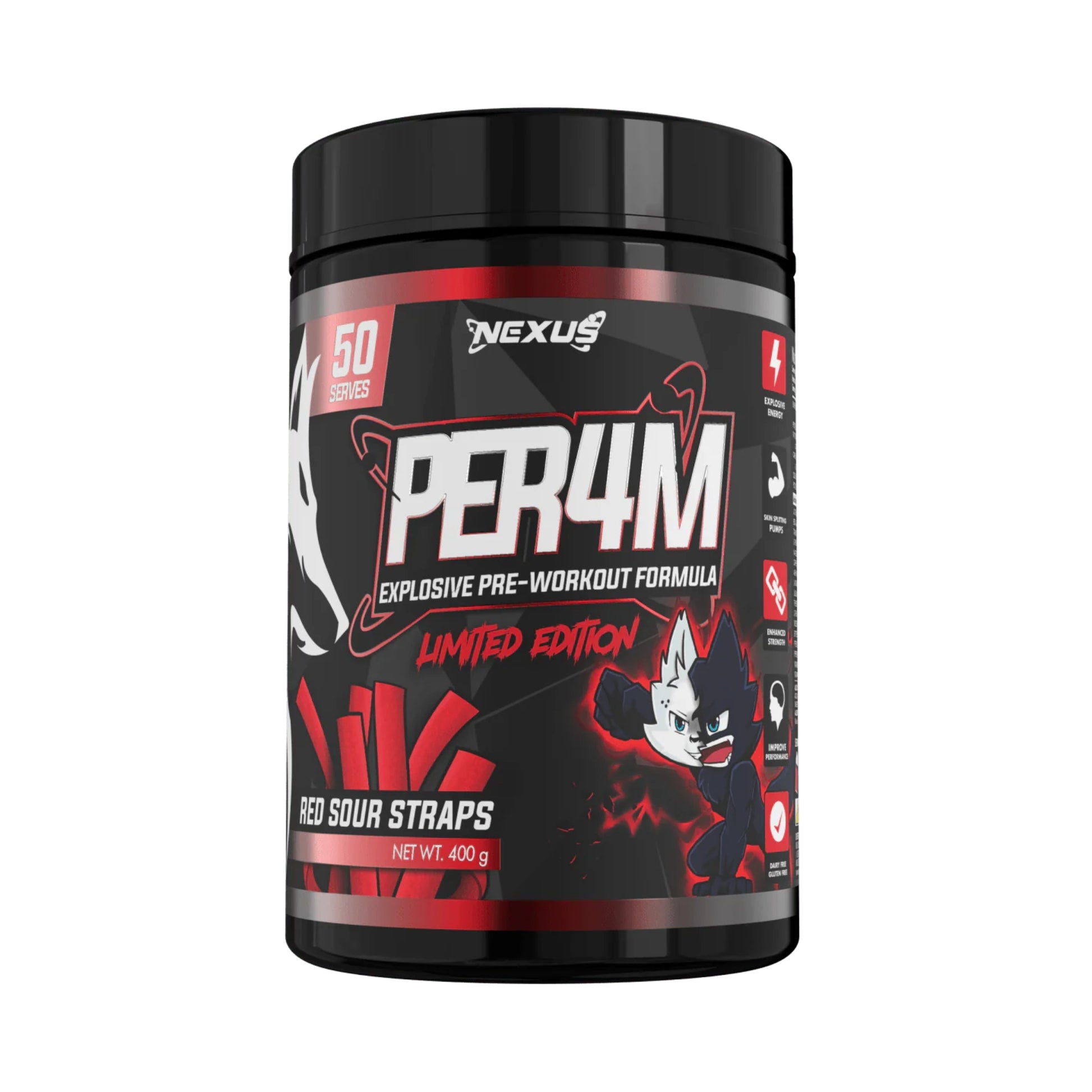 Nexus PER4M pre-workout supplement container on a white background