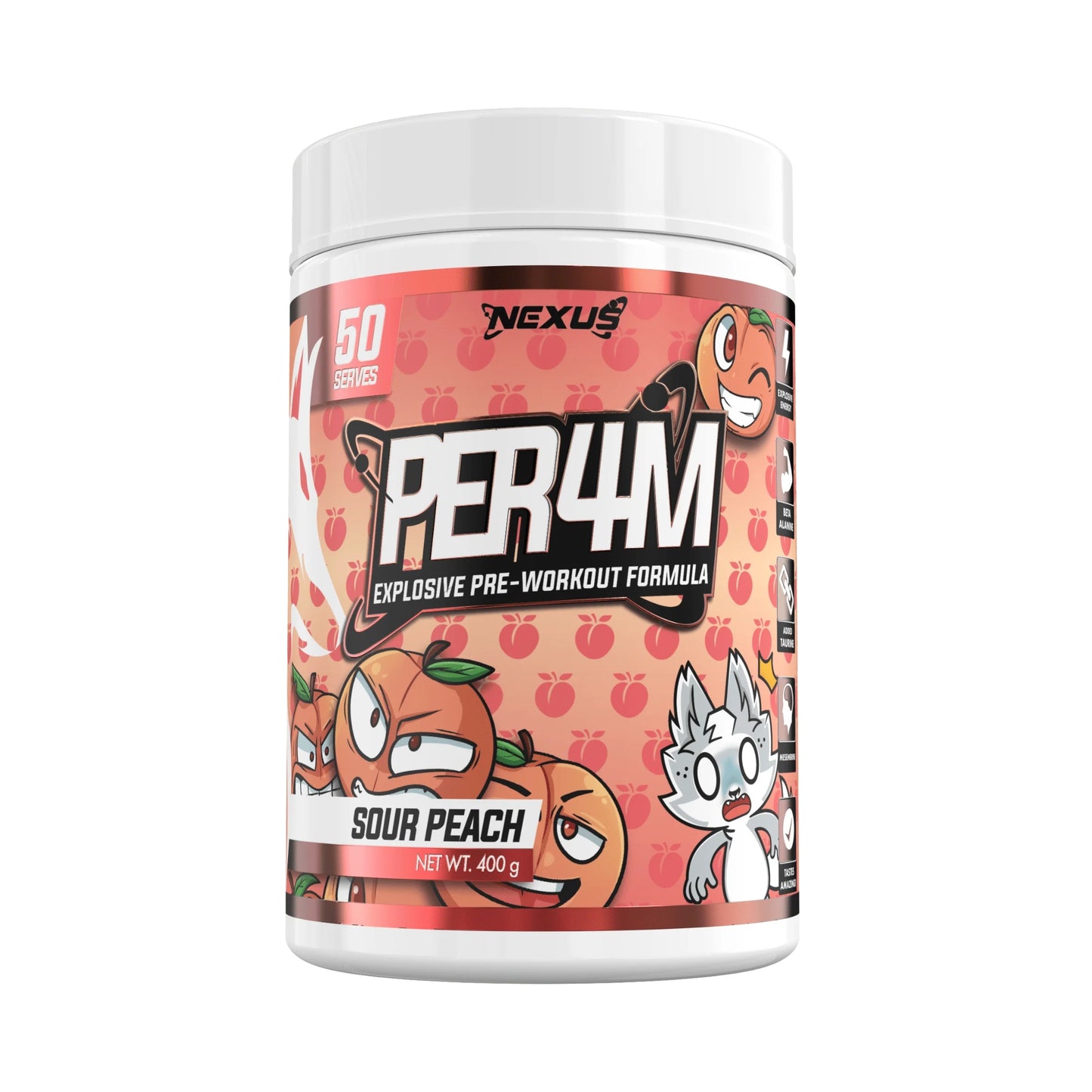 Nexus PER4M pre-workout supplement container with cartoon characters on a white background