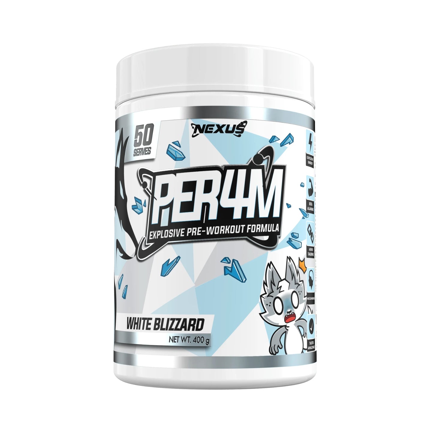 Nexus PER4M pre-workout supplement container on a white background