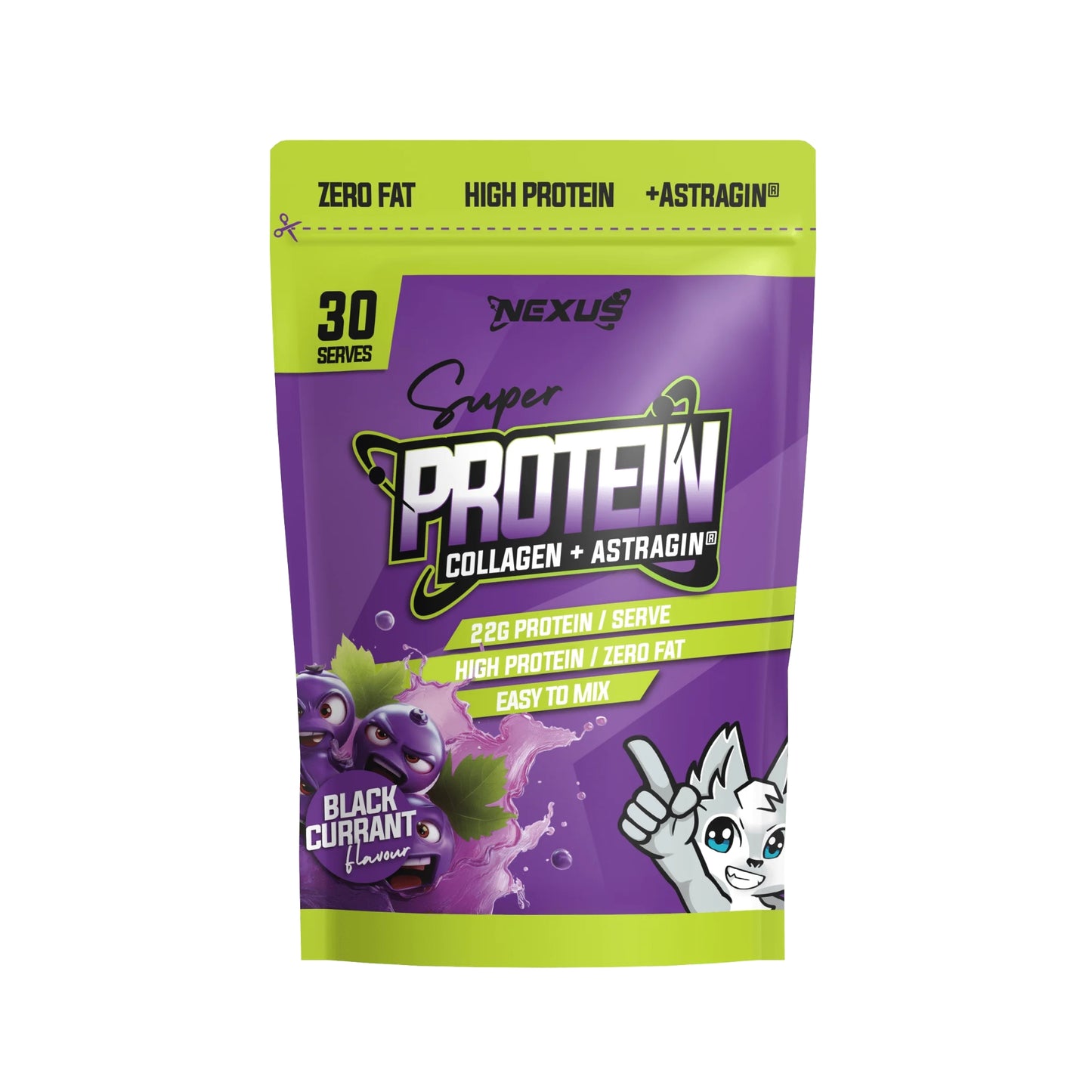 Purple and green protein powder package with a blackcurrant illustration on a white background