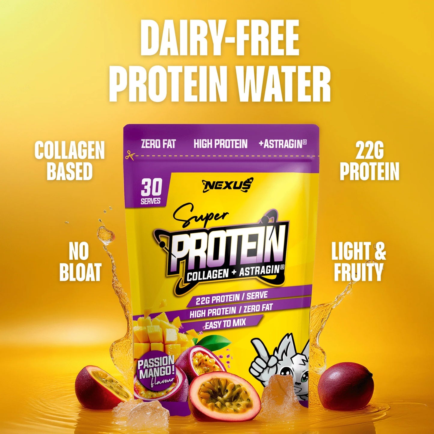 Nexus Super Protein package with yellow background and protein information text