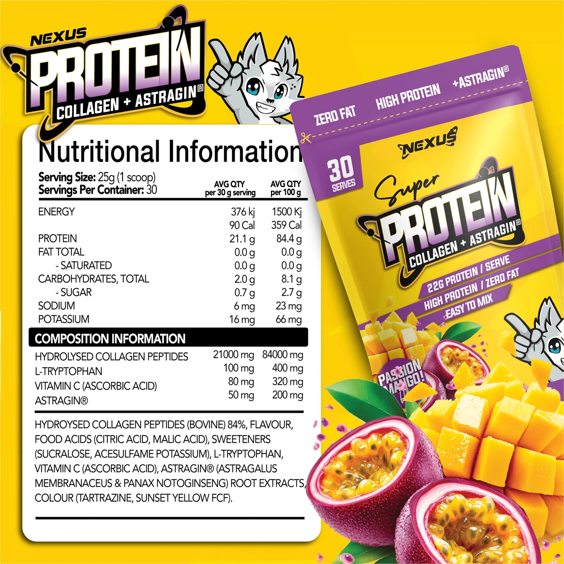 Nexus Protein Collagen Astragin packaging with nutritional information on a yellow background