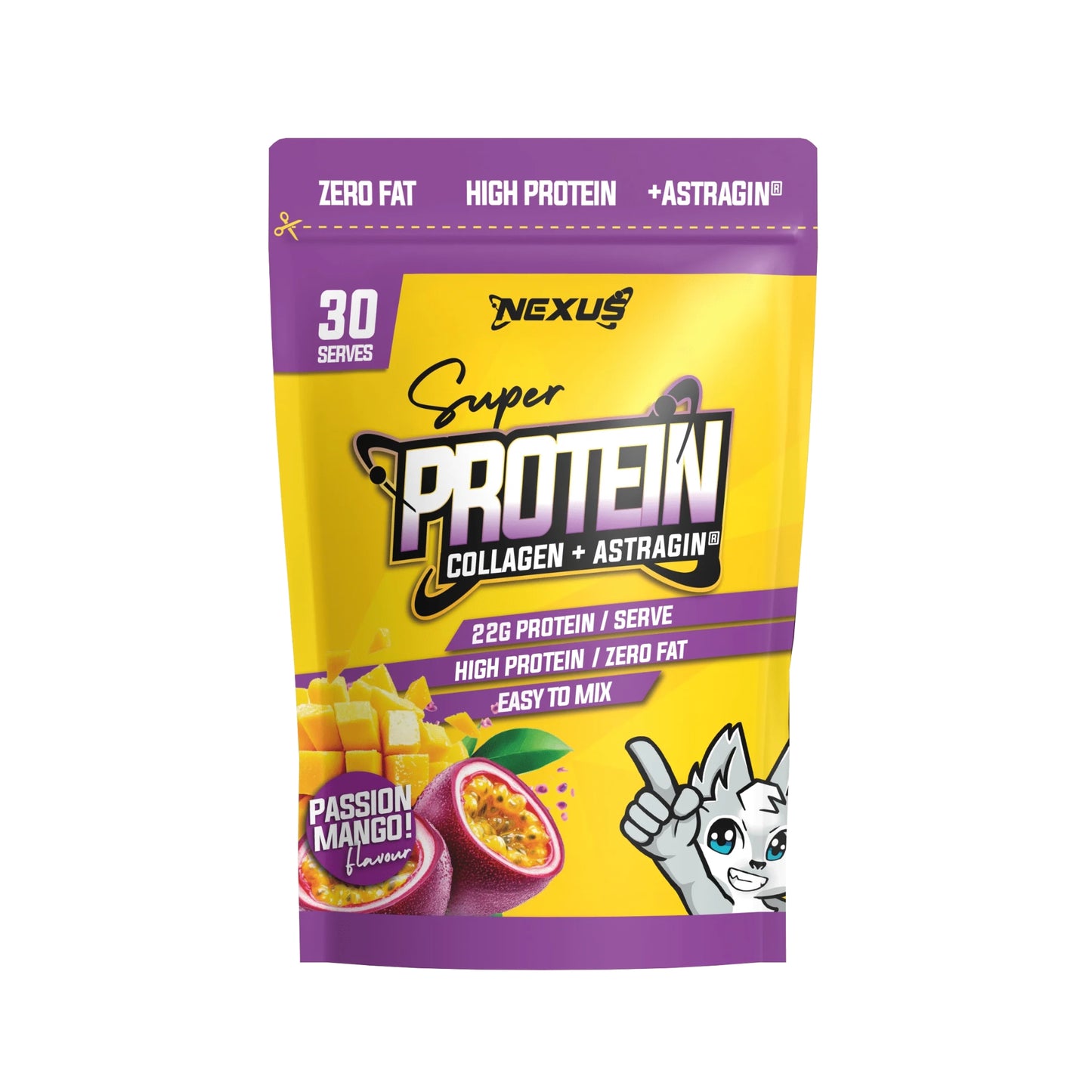 Nexus Super Protein package with passion fruit and mango illustration on a white background