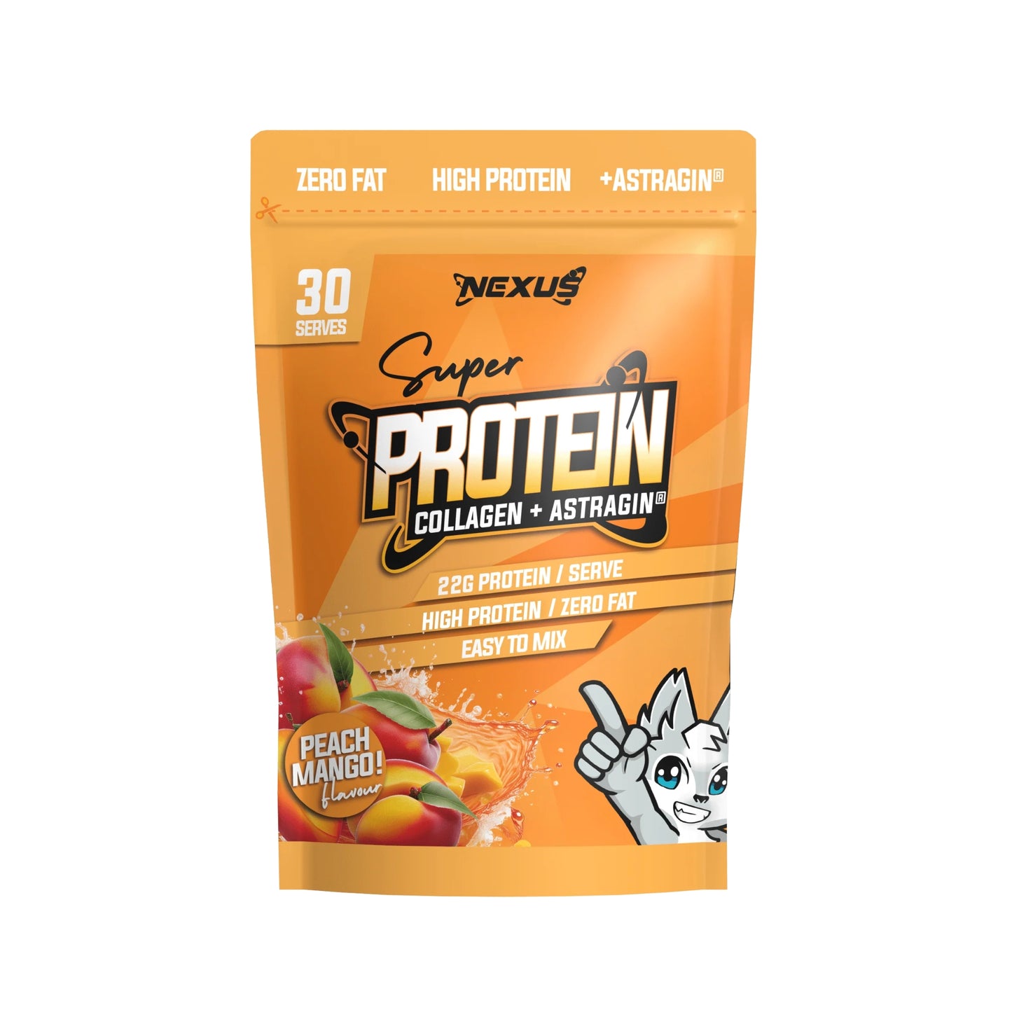 Orange protein powder package with 'Nexus' branding on a white background