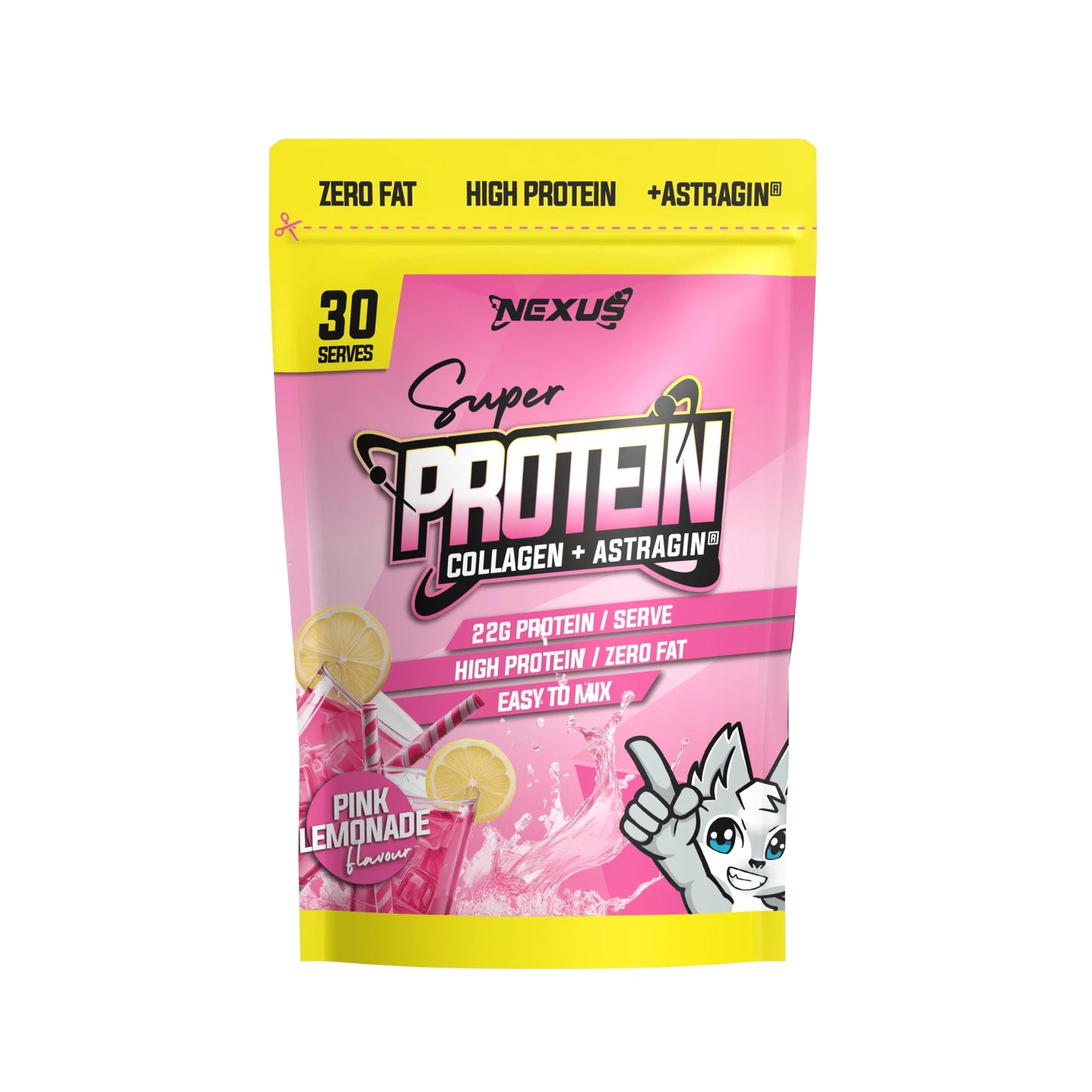 Pink lemonade flavored protein powder package with yellow and pink design on a white background