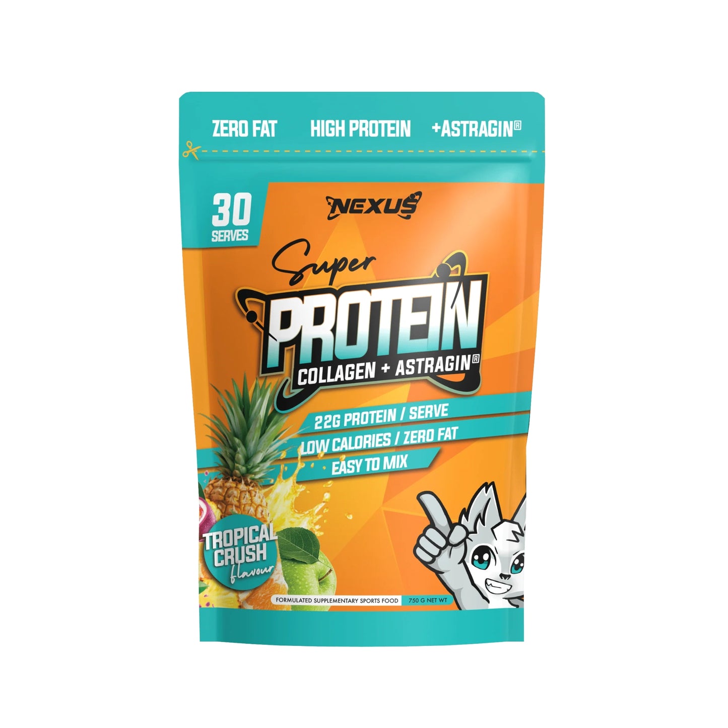 Nexus Super Protein package with pineapple illustration on a white background