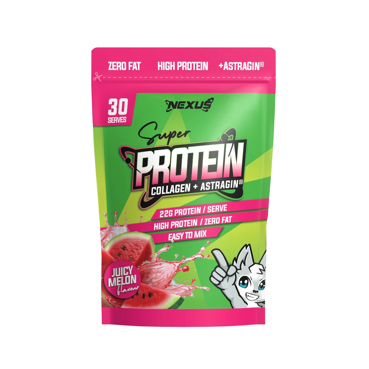 Nexus Super Protein package with green and pink design on a white background