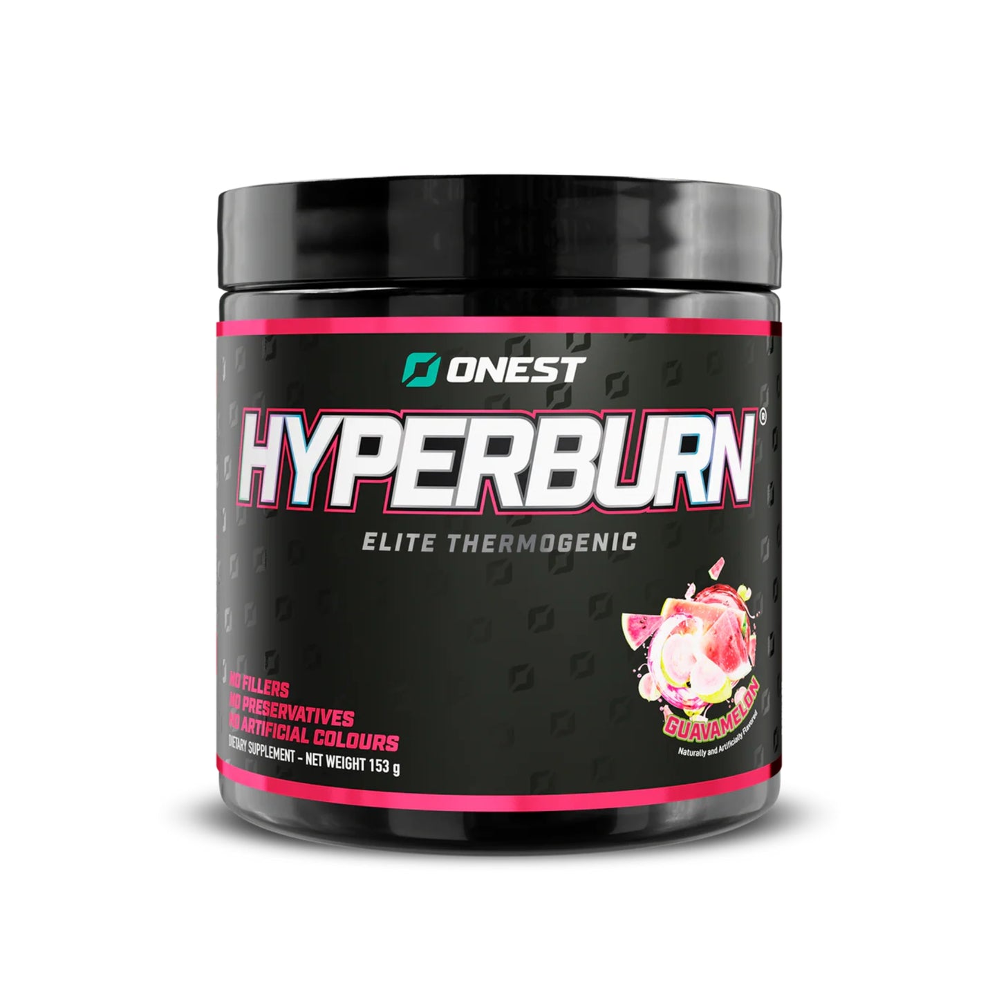 Black and pink container of Hyperburn Elite Thermogenic supplement on a white background
