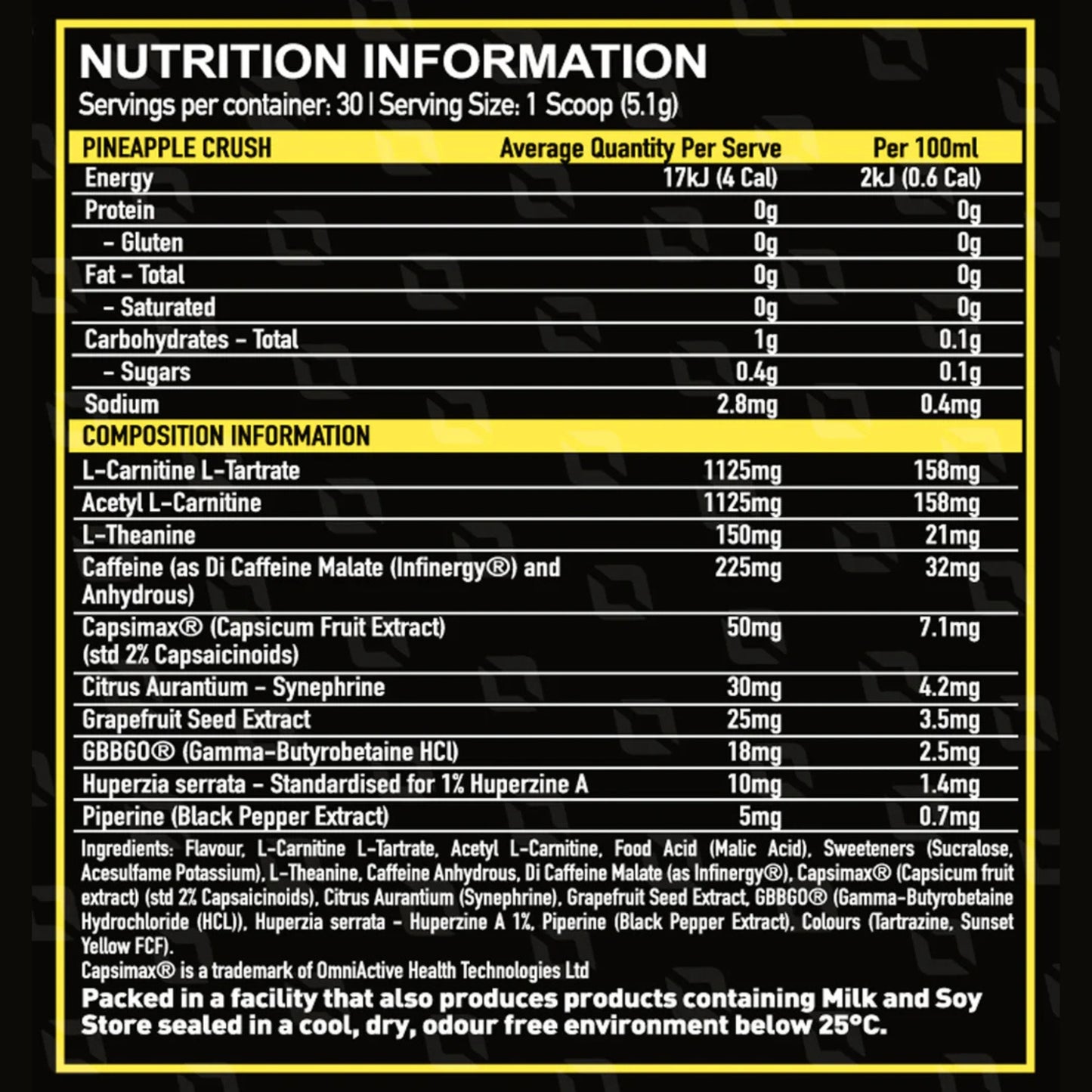 Nutrition information label for a supplement with black background and yellow text.