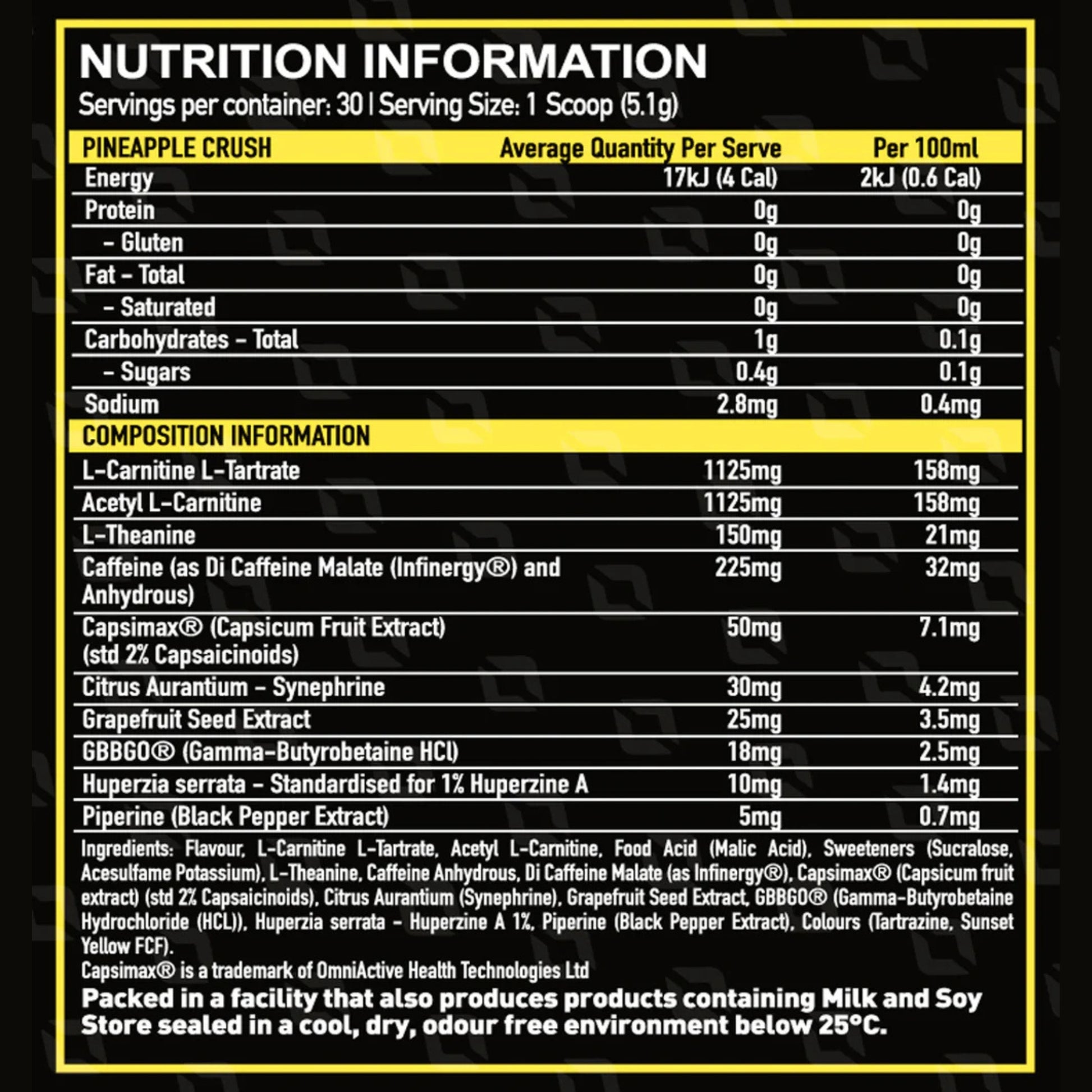 Nutrition information label for a supplement with black background and yellow text.