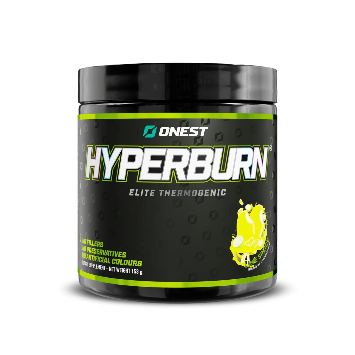 Black container of Hyperburn Elite Thermogenic supplement with green accents on a white background