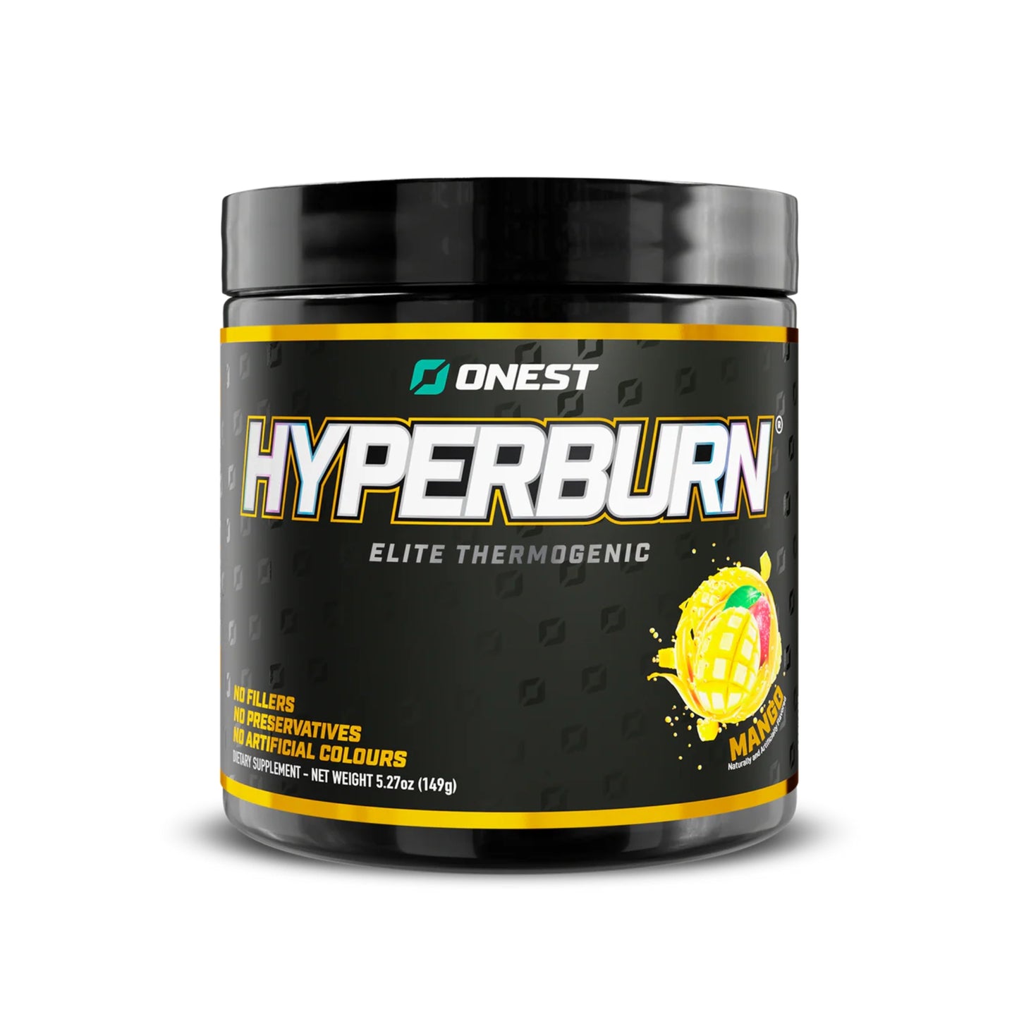 Black container of Hyperburn Elite Thermogenic supplement with yellow text on a white background