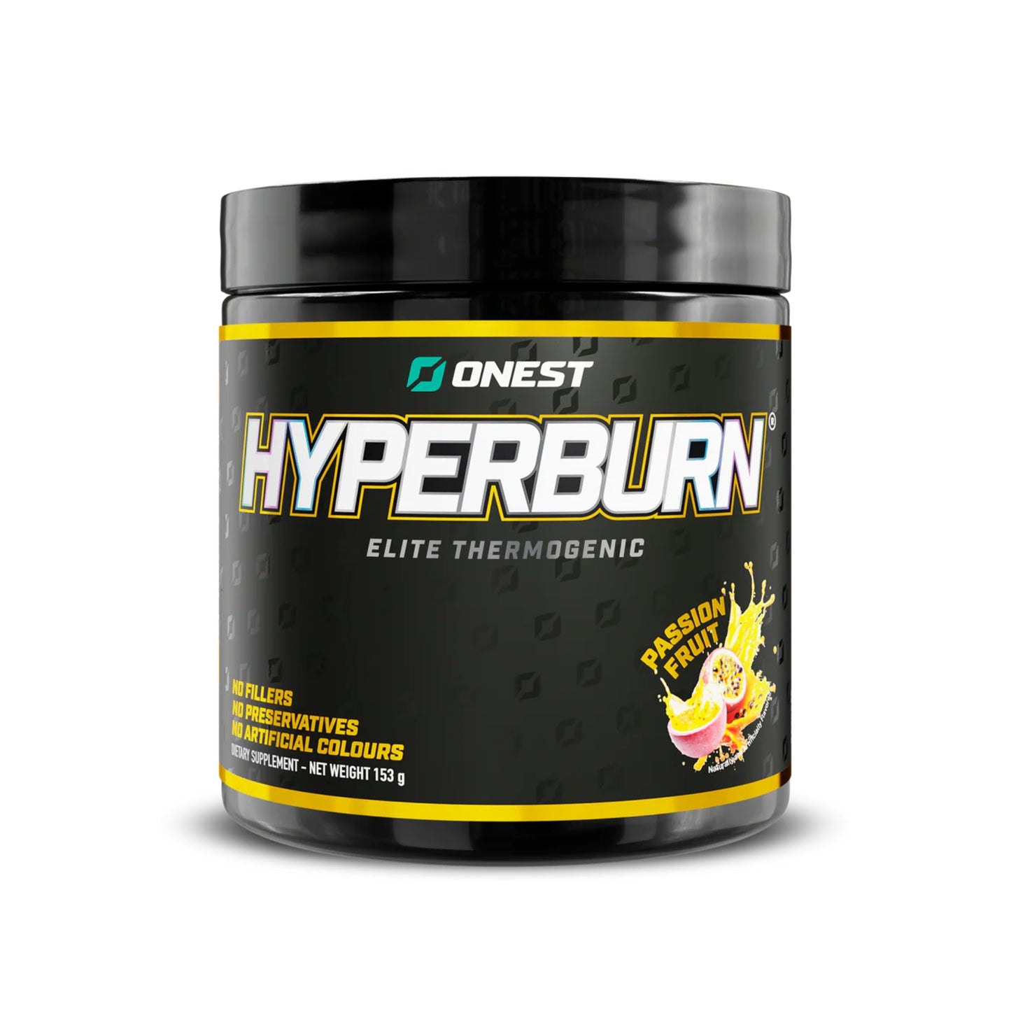 Black container of Hyperburn Elite Thermogenic supplement with yellow accents on a white background