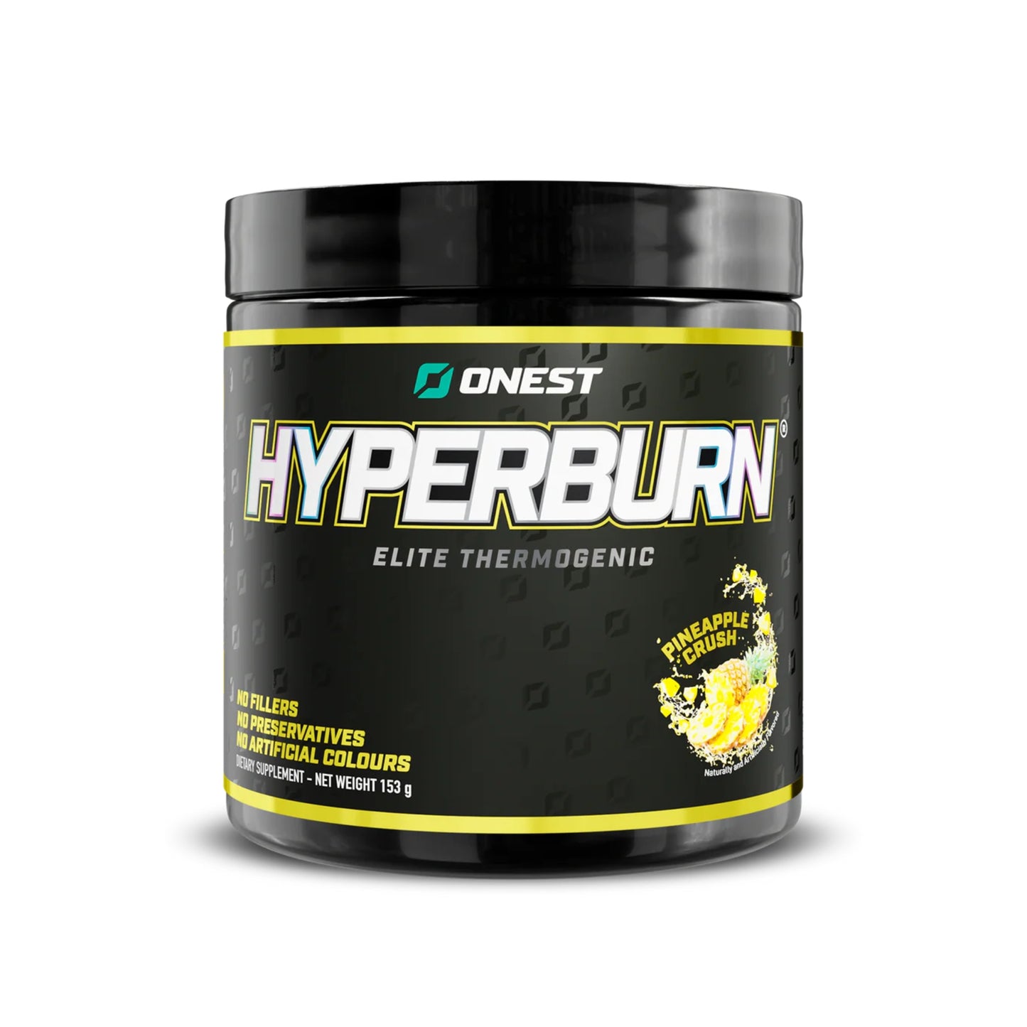 Black and yellow container of Hyperburn Elite Thermogenic supplement on a white background
