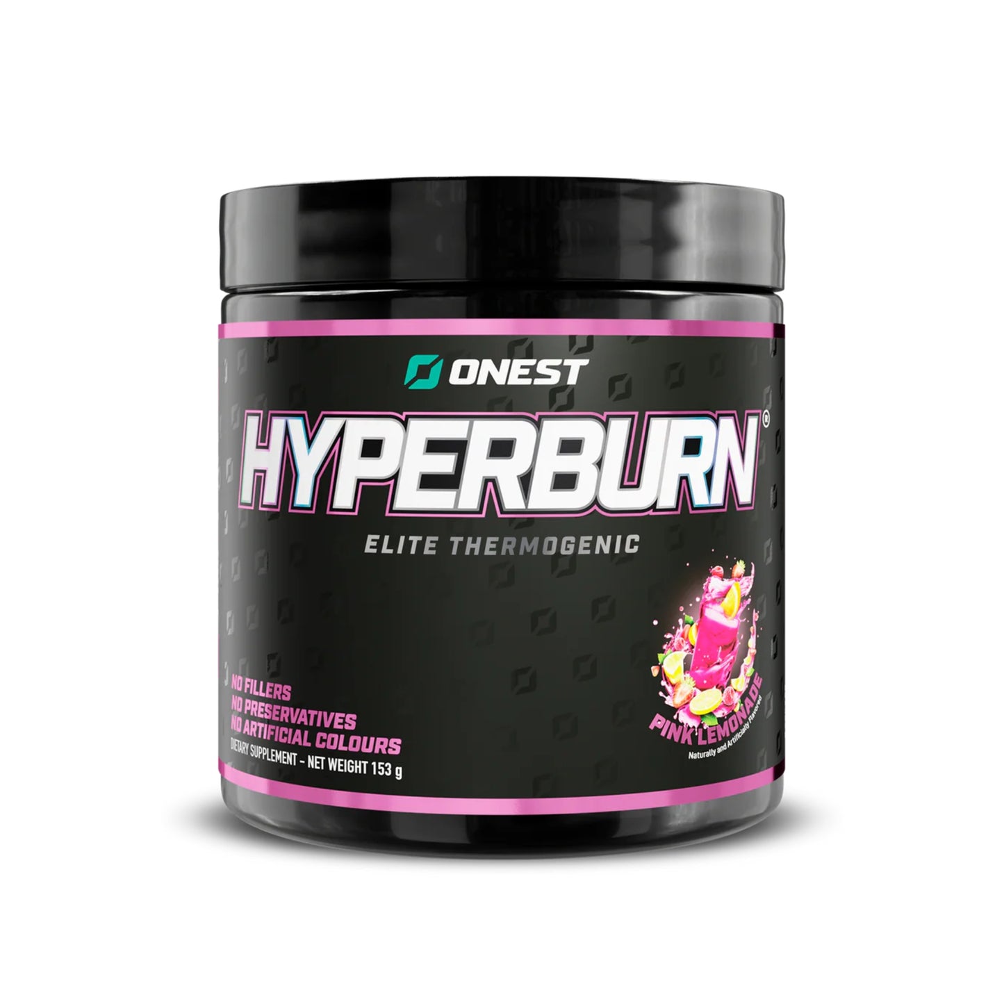 Black container of Hyperburn Elite Thermogenic supplement with pink accents on a white background