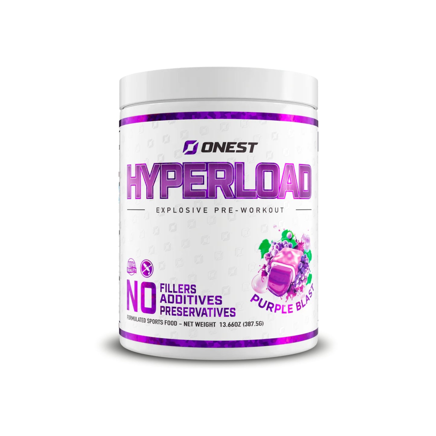 Onest Hyperload explosive pre-workout supplement container with purple and white design on a white background