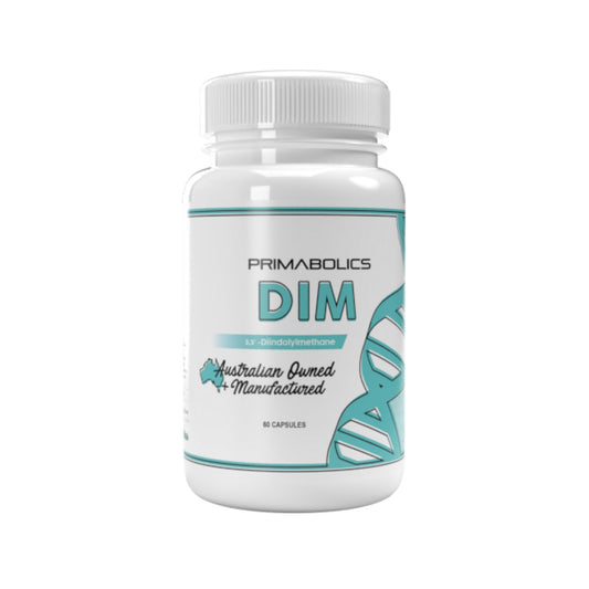 White supplement bottle labeled 'DIM' by Primabolics on a white background