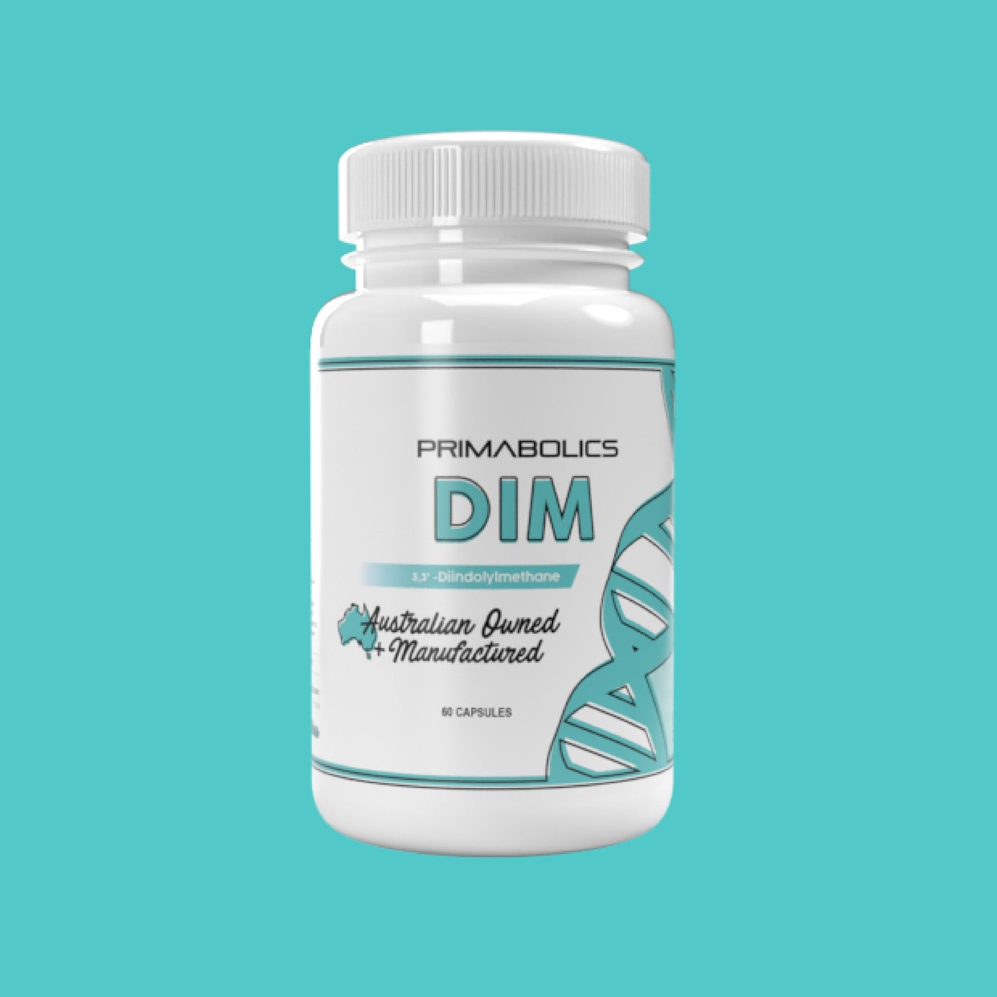 White bottle labeled 'DIM' by Primabolics on a teal background