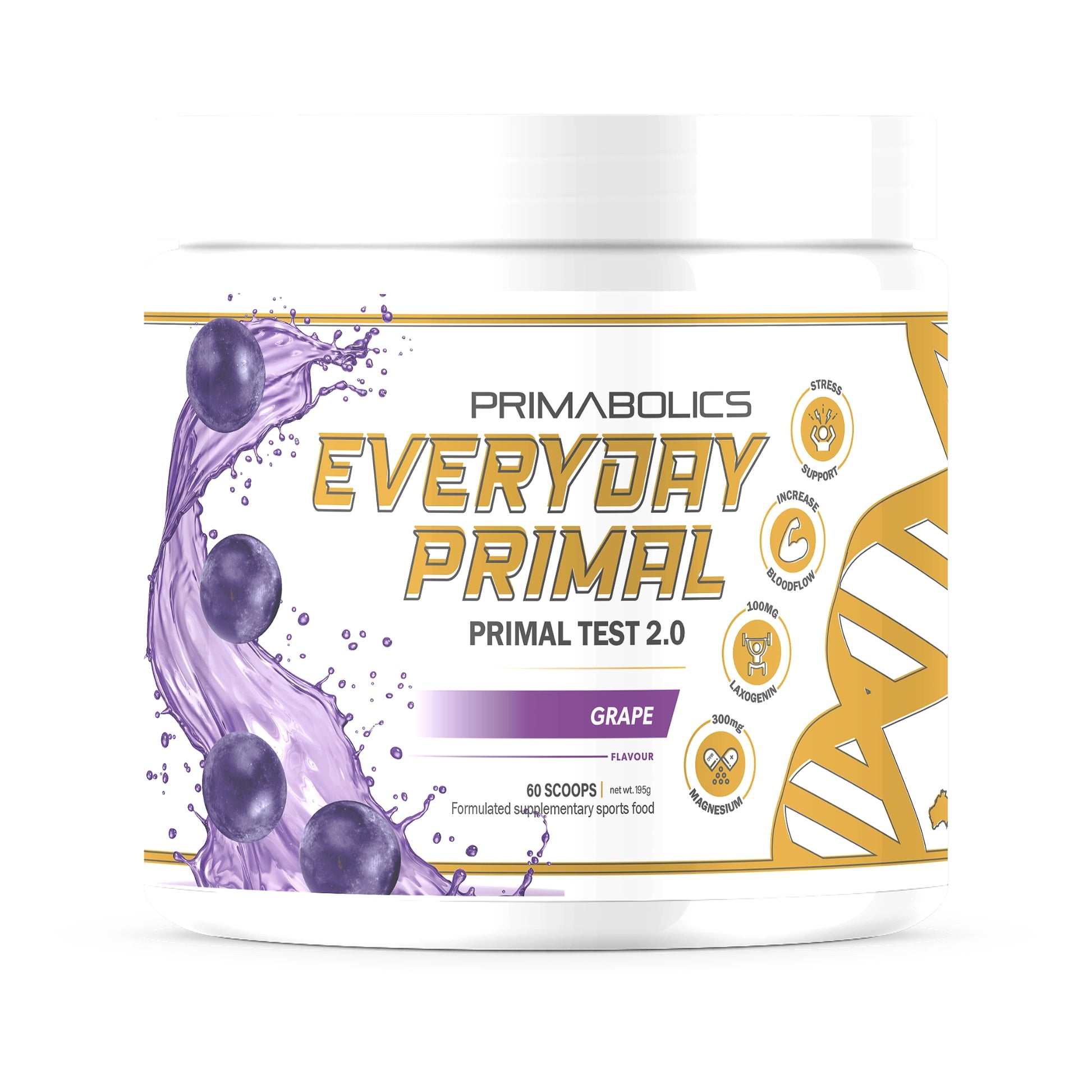 Primabolics Everyday Primal supplement container with grape flavor on a white background