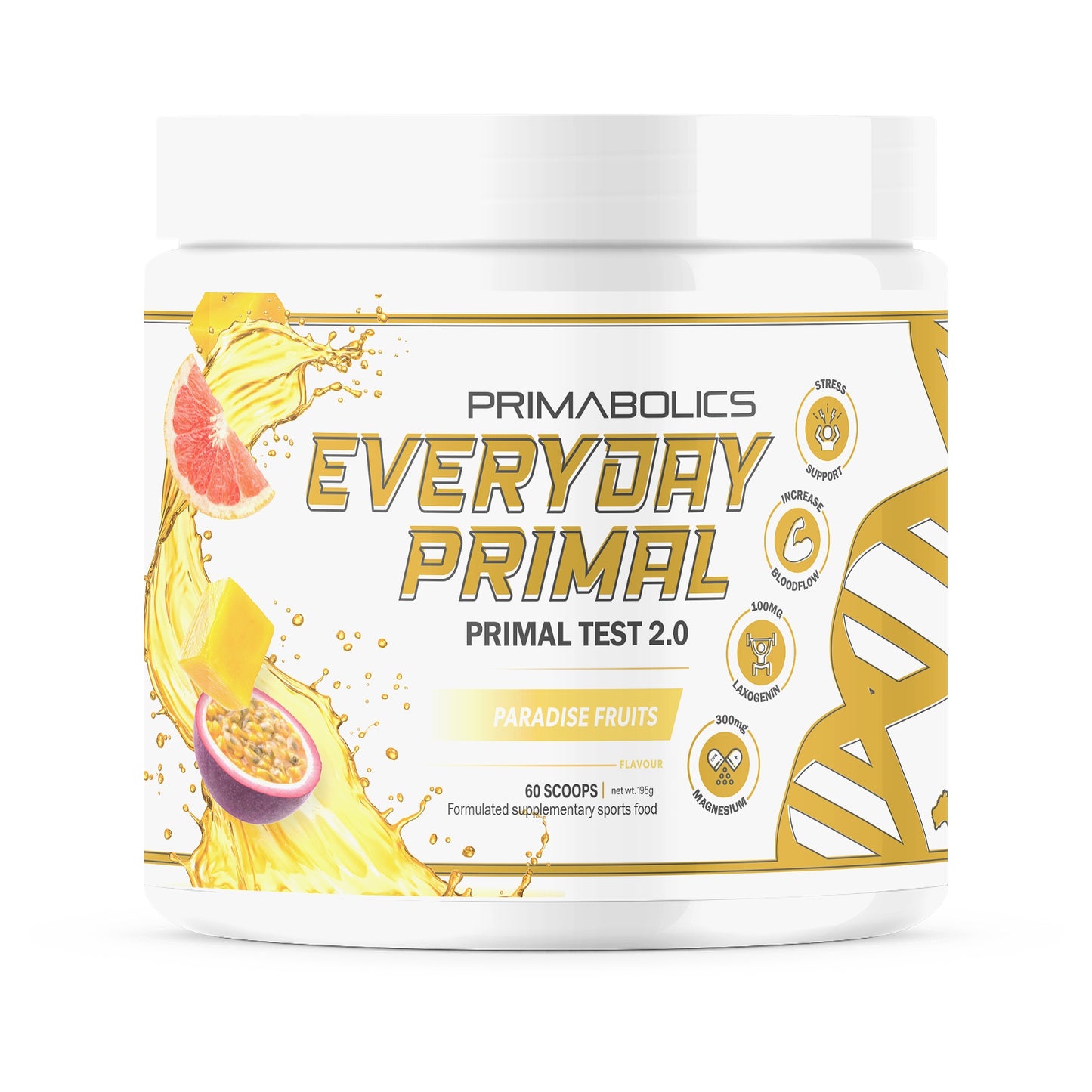 Supplement container labeled 'Everyday Primal' with fruit graphics on a white background