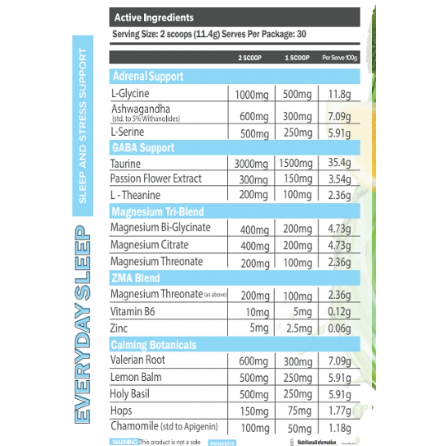 Everyday Sleep label with active ingredients and dosages on a white background