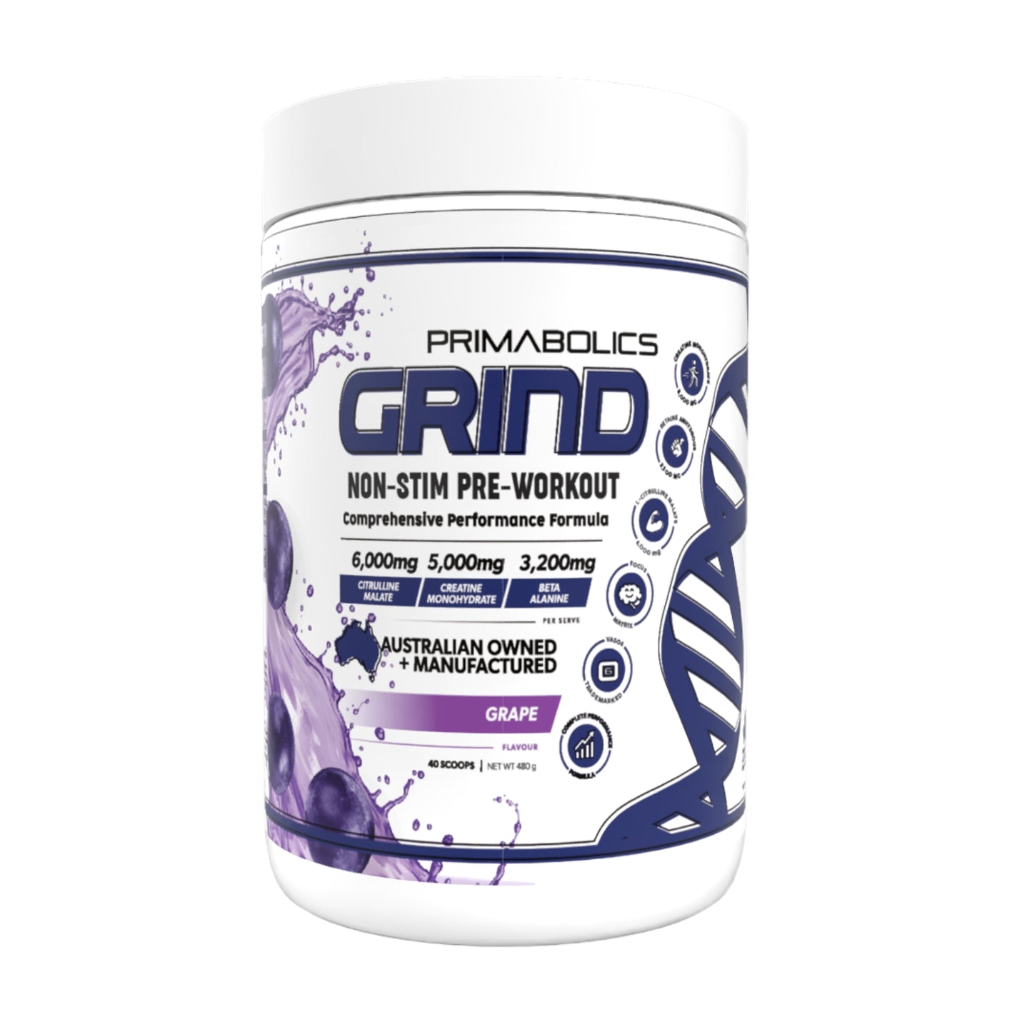 Primabolics Grind pre-workout supplement container on a white background