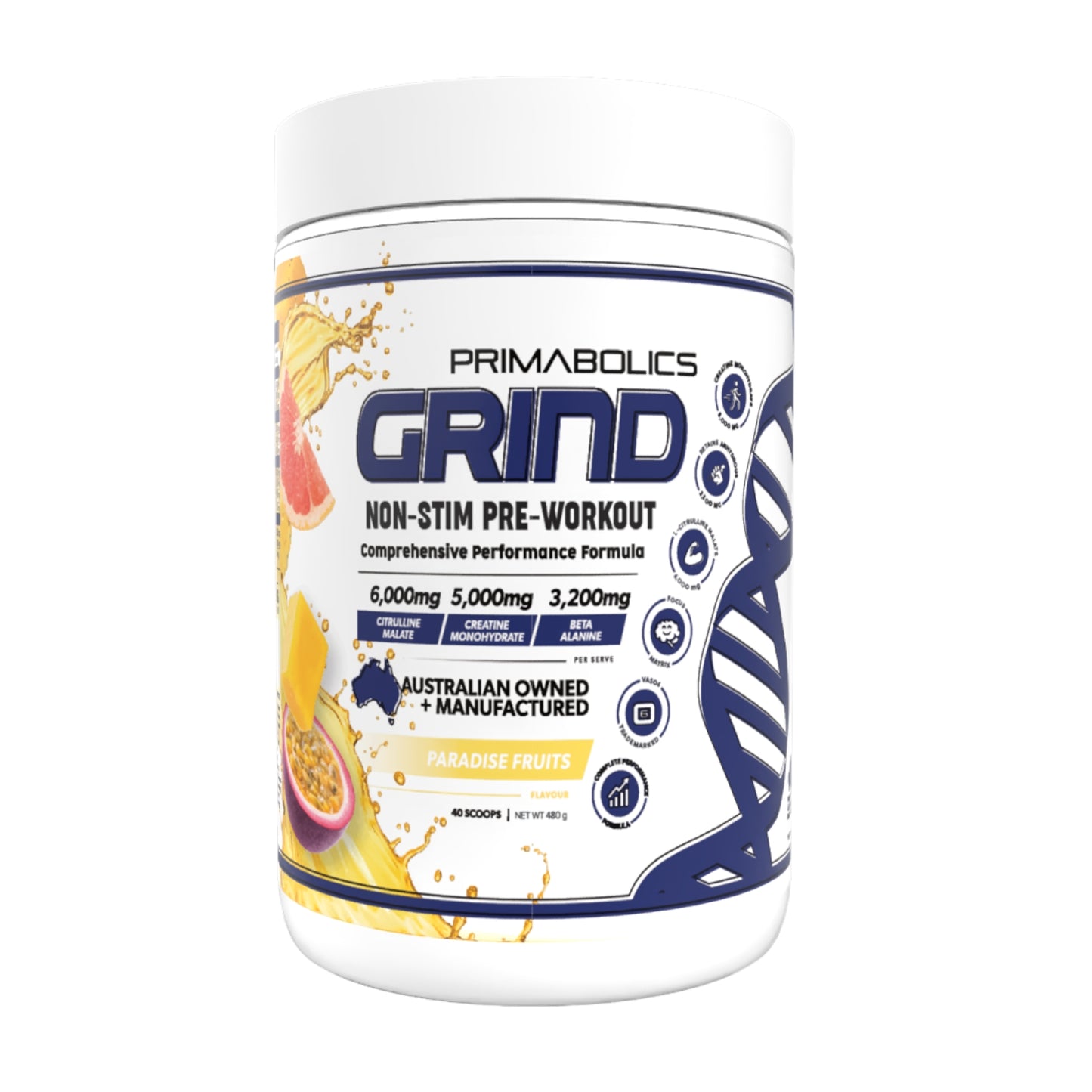 Primabolics Grind pre-workout supplement container on a white background