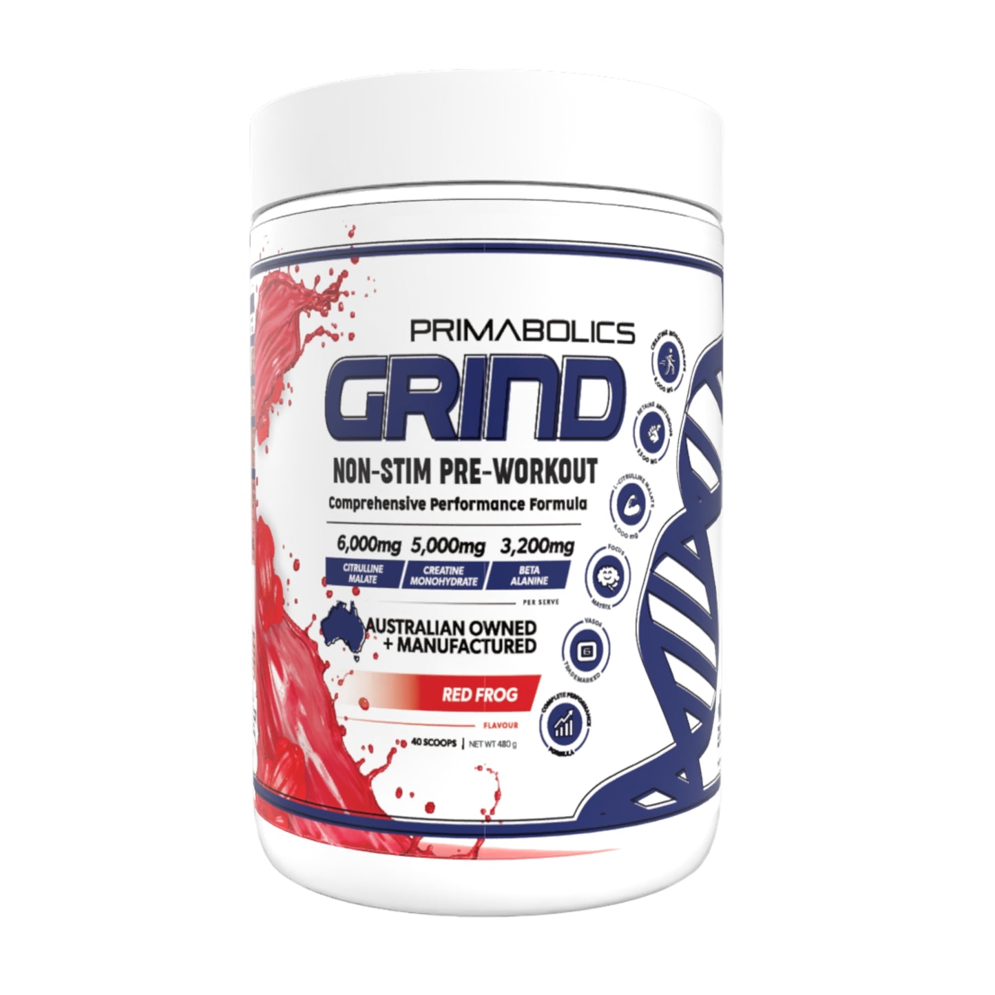 Primabolics Grind pre-workout supplement container on a white background