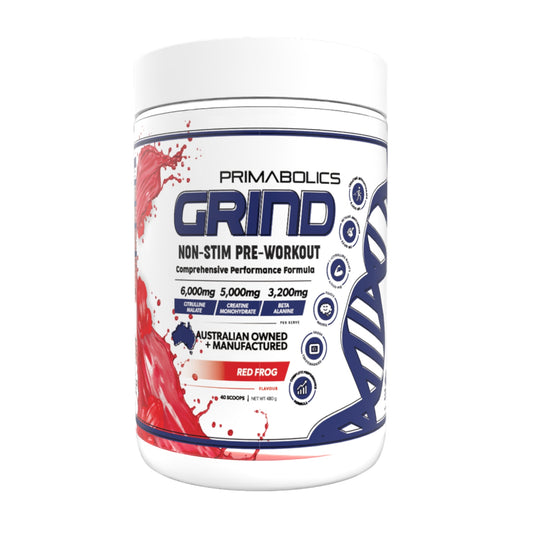 Primabolics Grind pre-workout supplement container on a white background